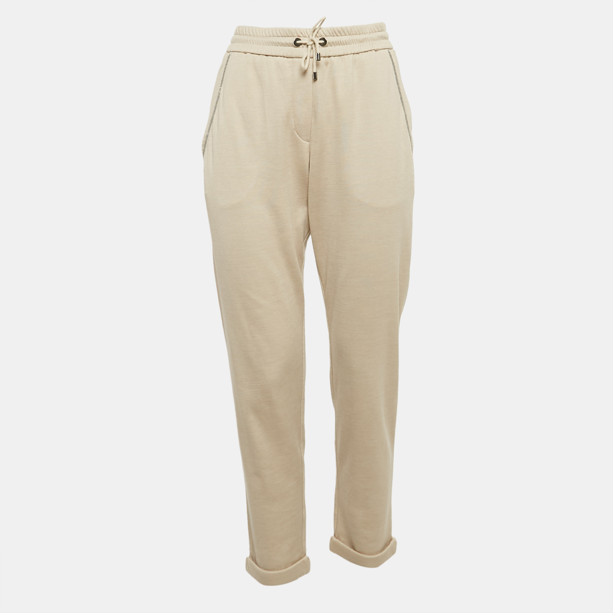 

Brunello Cucinelli Beige Jersey Embellished Pocket Sweatpants L