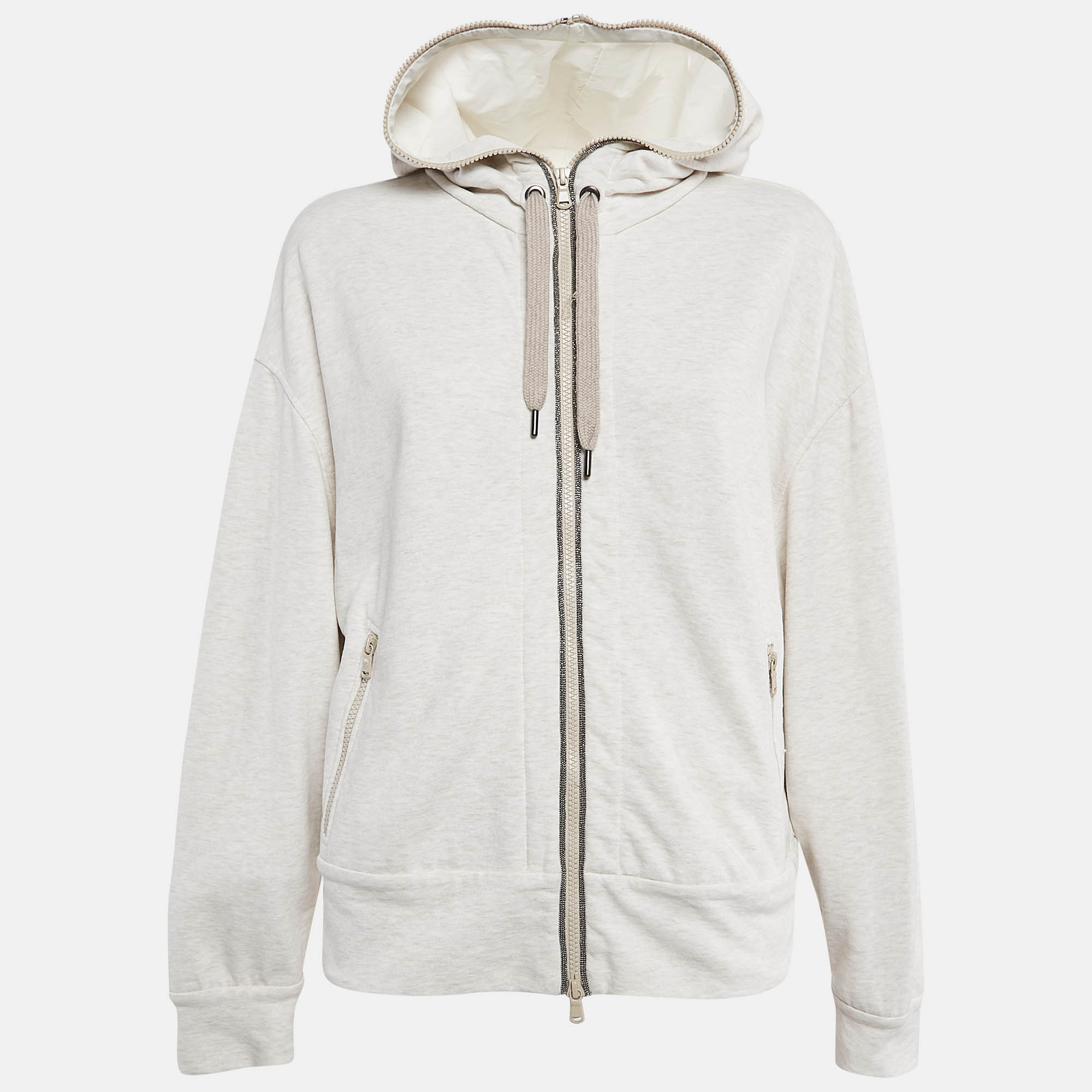 

Brunello Cucinelli Grey Monili-Embellished Cotton Knit Hooded Sweatshirt M