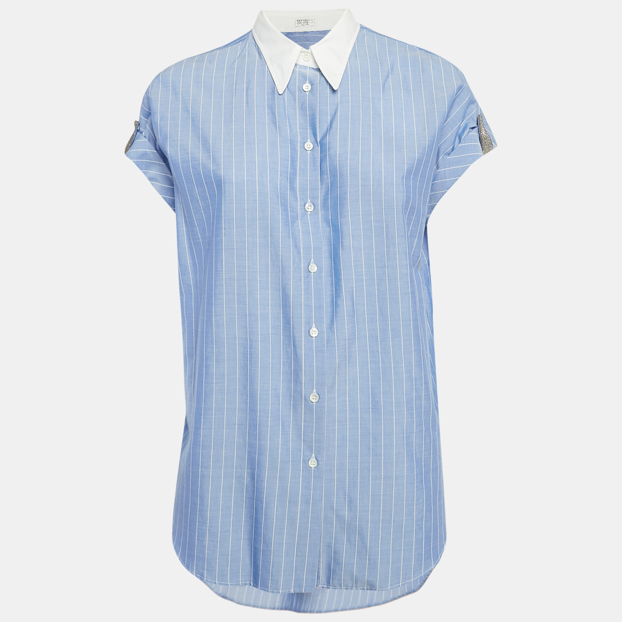 

Brunello Cucinelli Blue Stripe Cotton Monili Bead Detail Shirt M