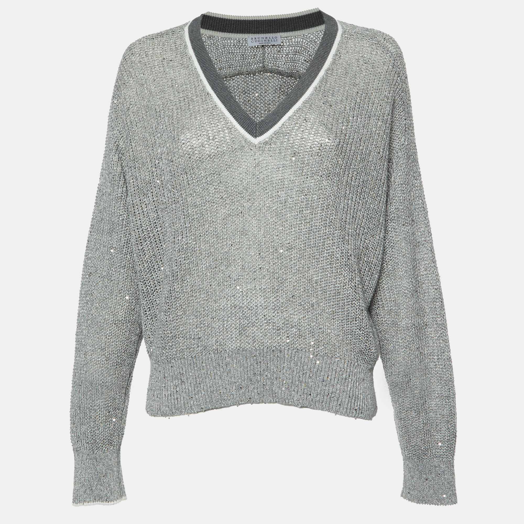 

Brunello Cucinelli Grey Sequined Knit V-Neck Jumper S