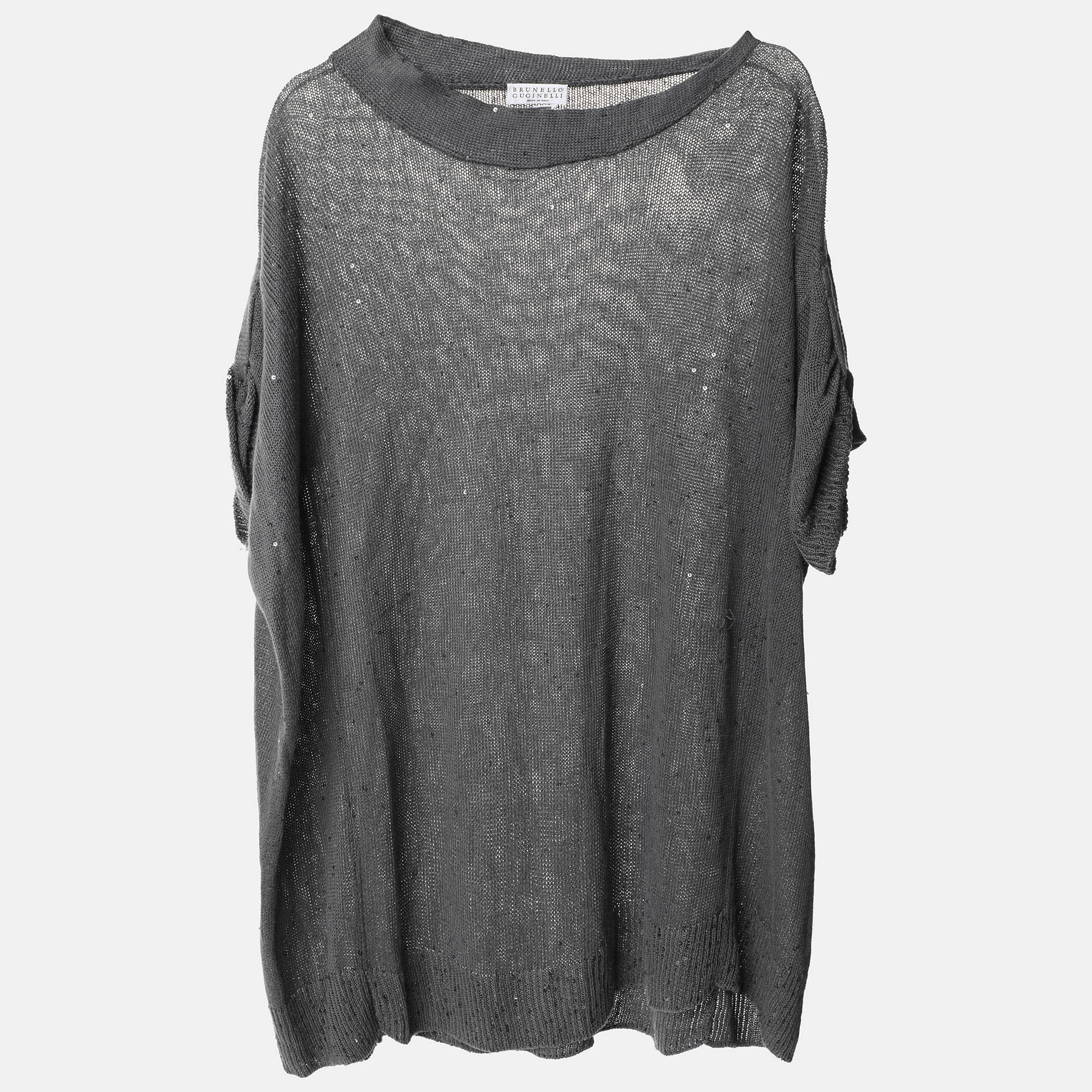 

Brunello Cucinelli Grey Silk Knit Sequin Crew Neck Top M