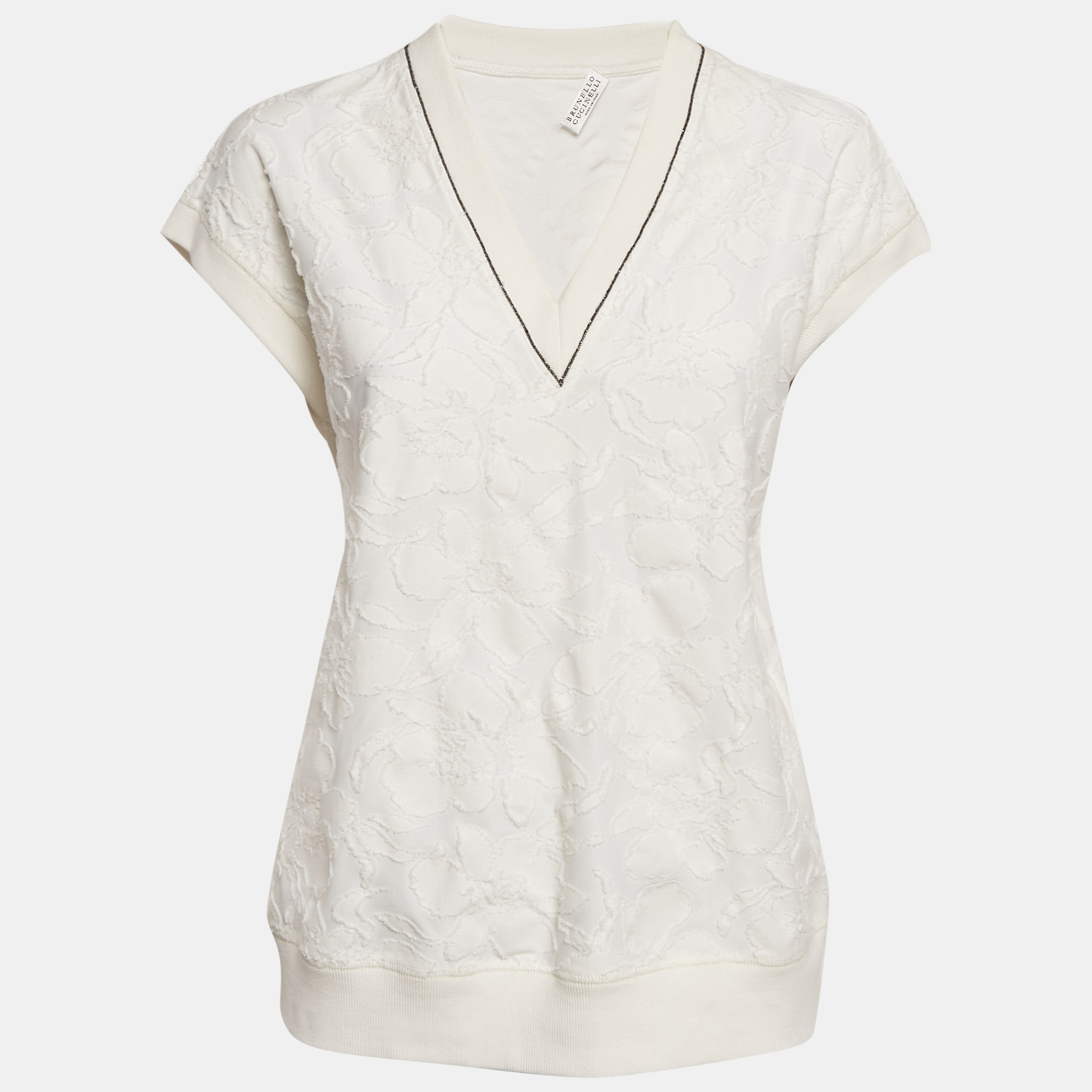 

Brunello Cucinelli Off White Fil-coupe Jersey Monili Detail V-Neck Top L