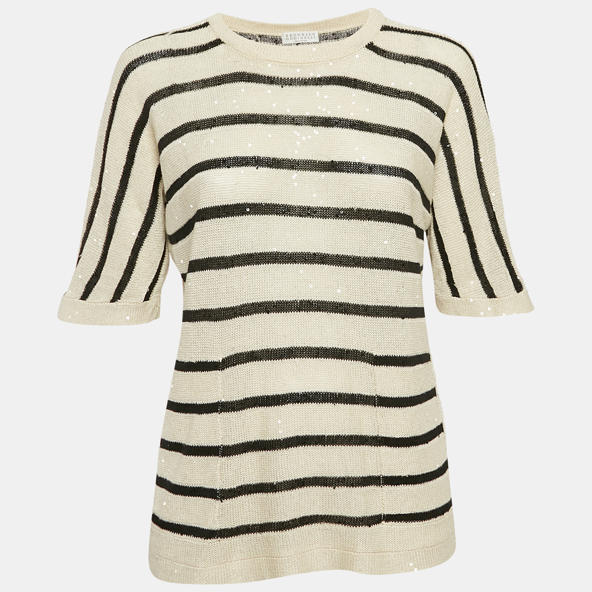 

Brunello Cucinelli Cream/Black Stripe Boucle Knit Sequin Detail Short Sleeve Sweater M