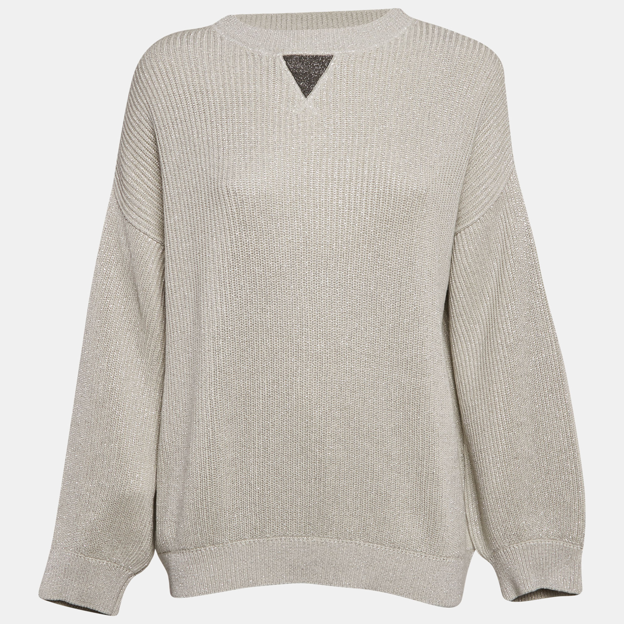 

Brunello Cucinelli Grey Lurex Rib Knit Monili Detail Sweater L