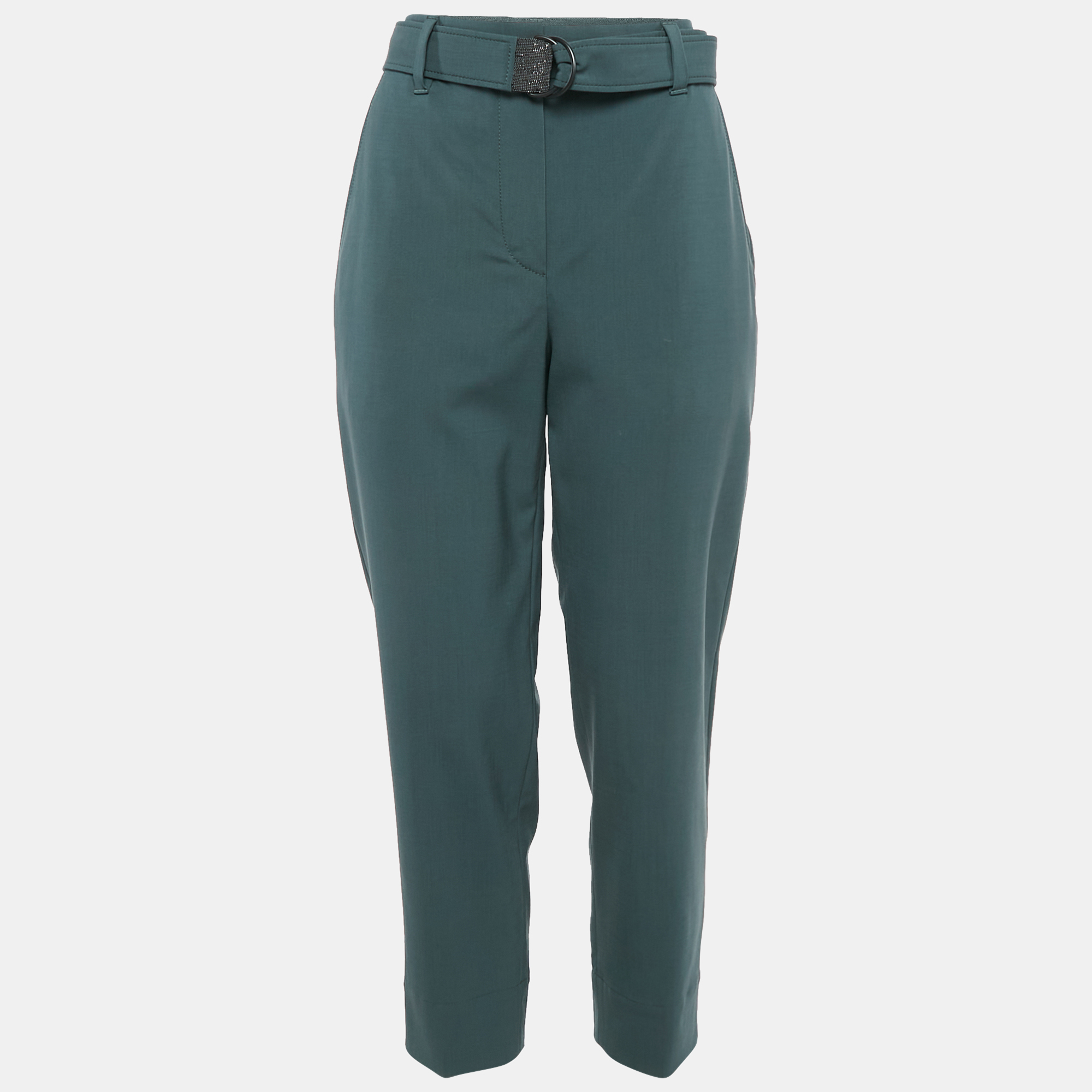 

Brunello Cucinelli Green Wool Monili Detail Belted Trousers M