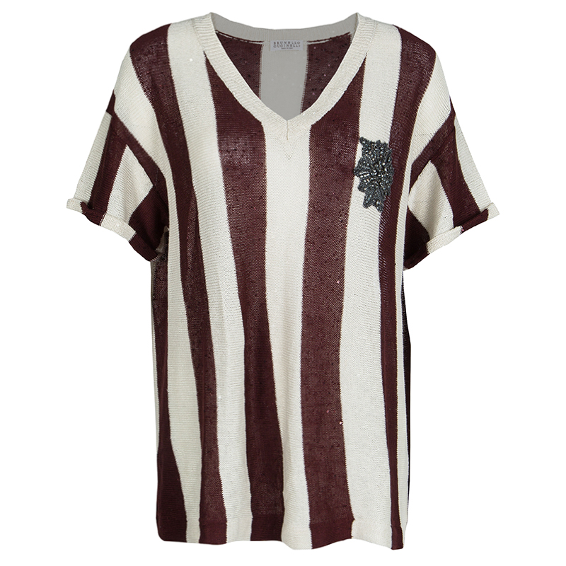 Pre Owned Brunello Cucinelli Brown and Cream Striped Knit Sequin Embellished Short Sleeve Sweater XXL
