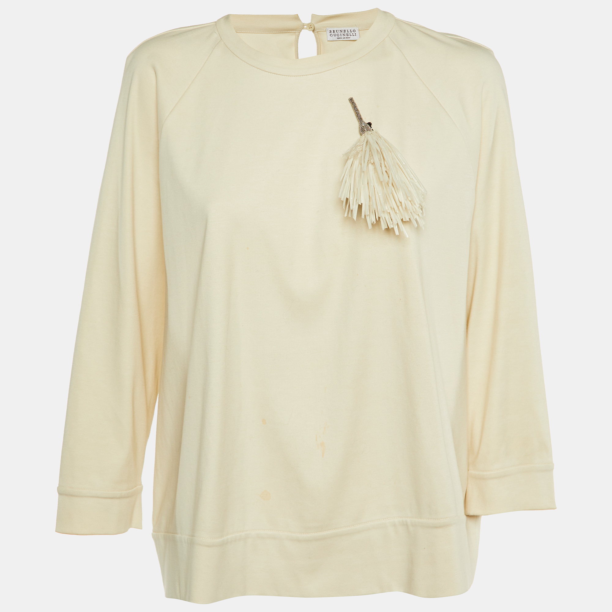 

Brunello Cucinelli Beige Cotton Knit Brooch Detail Sweater XL