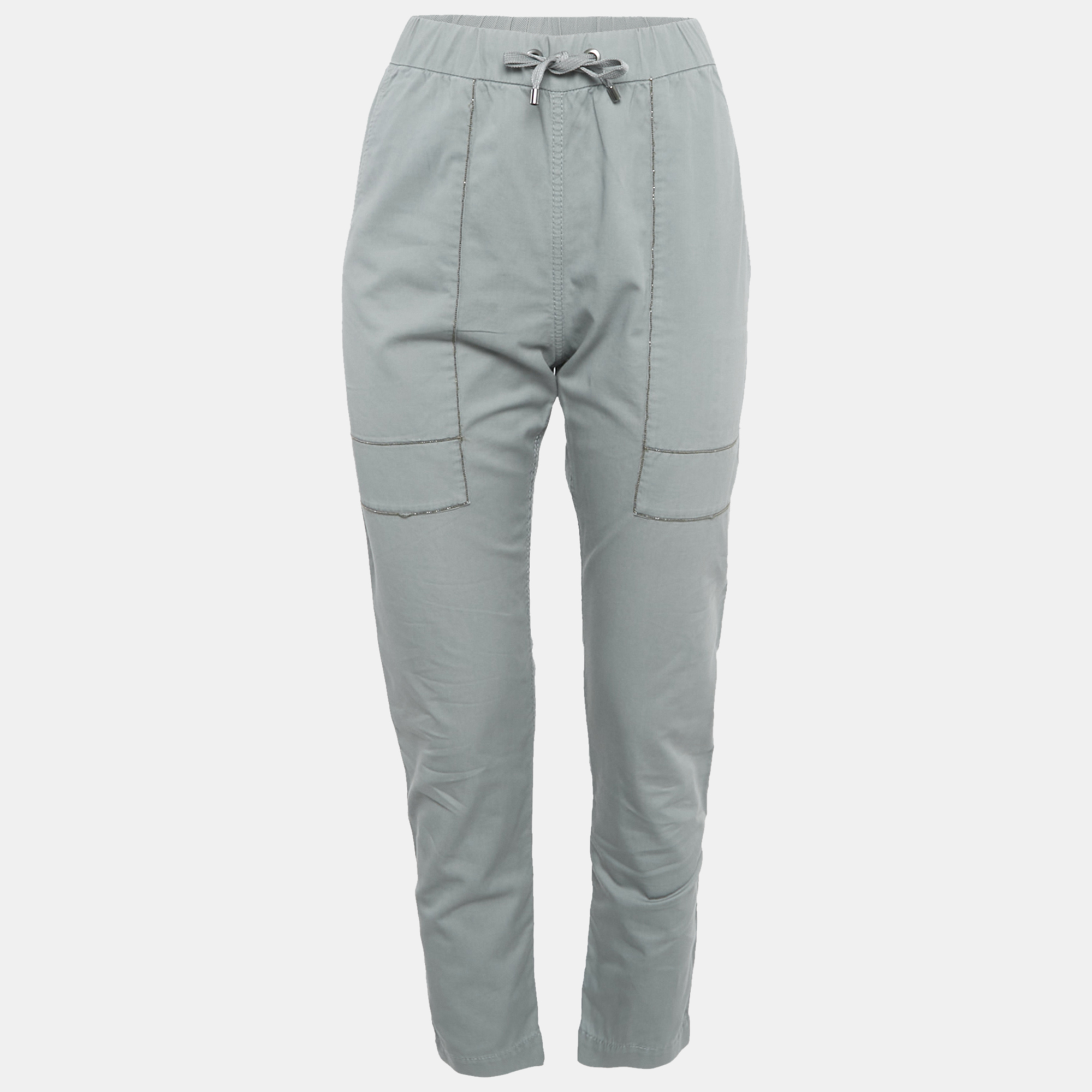 

Brunello Cucinelli Blue Gabardine Monili Detail Trousers S