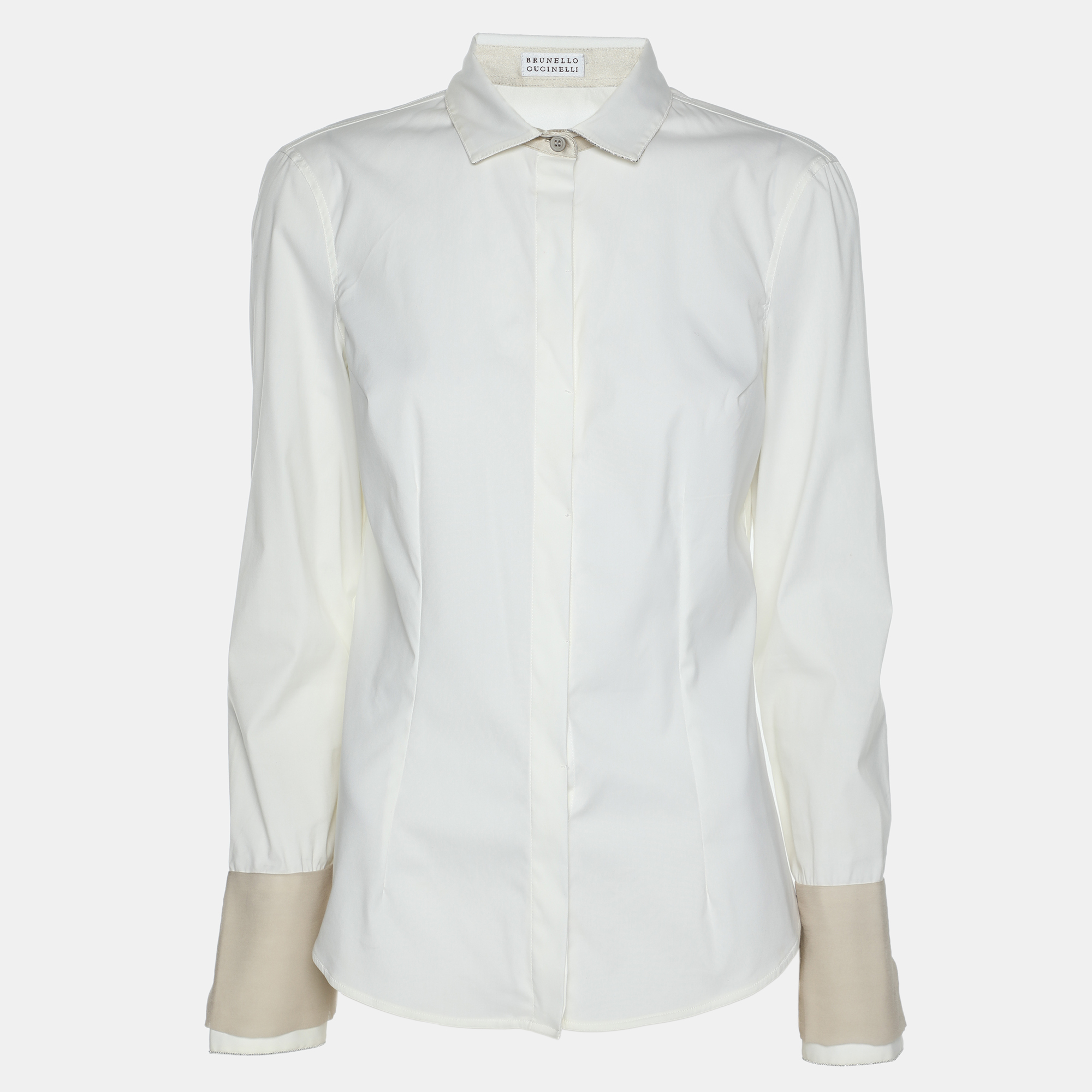 

Brunello Cucinelli Off White Jersey Silk Embellished Button Front Shirt XS