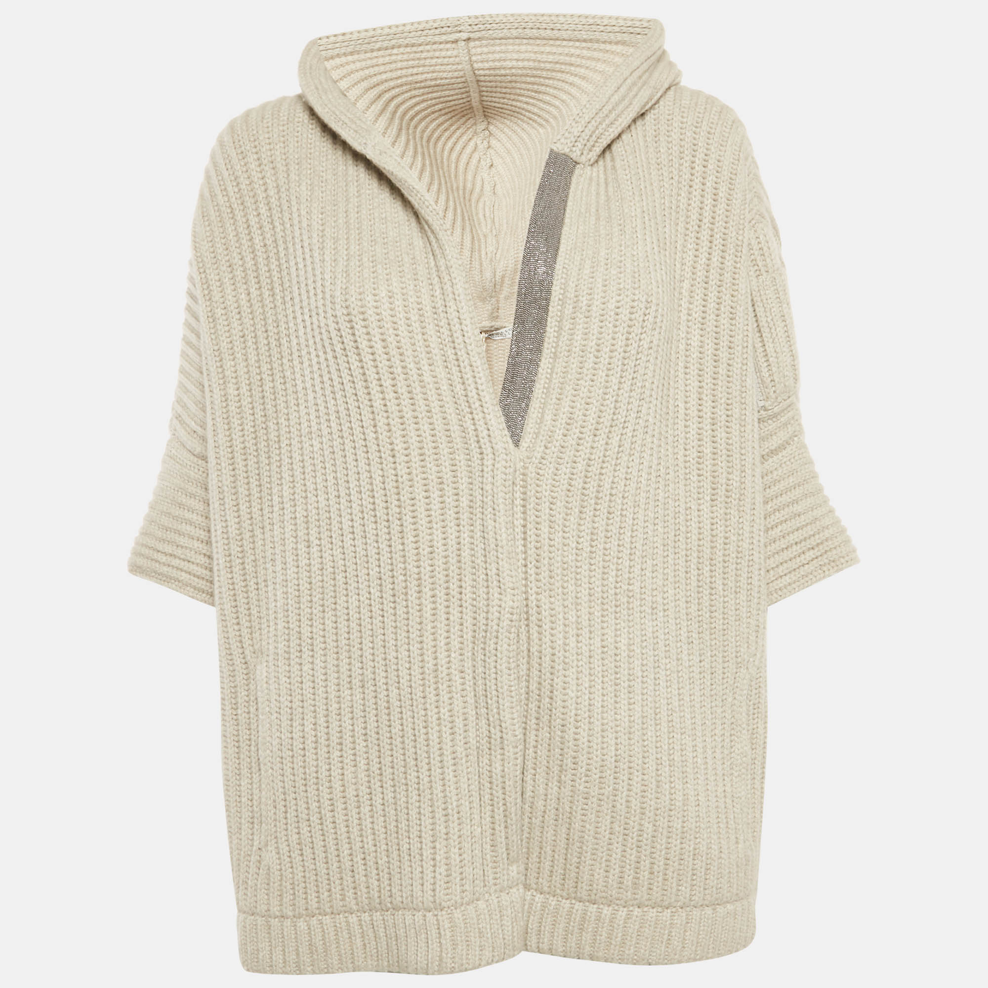 

Brunello Cucinelli Grey Cashmere Rib Monile Hooded Cardigan S