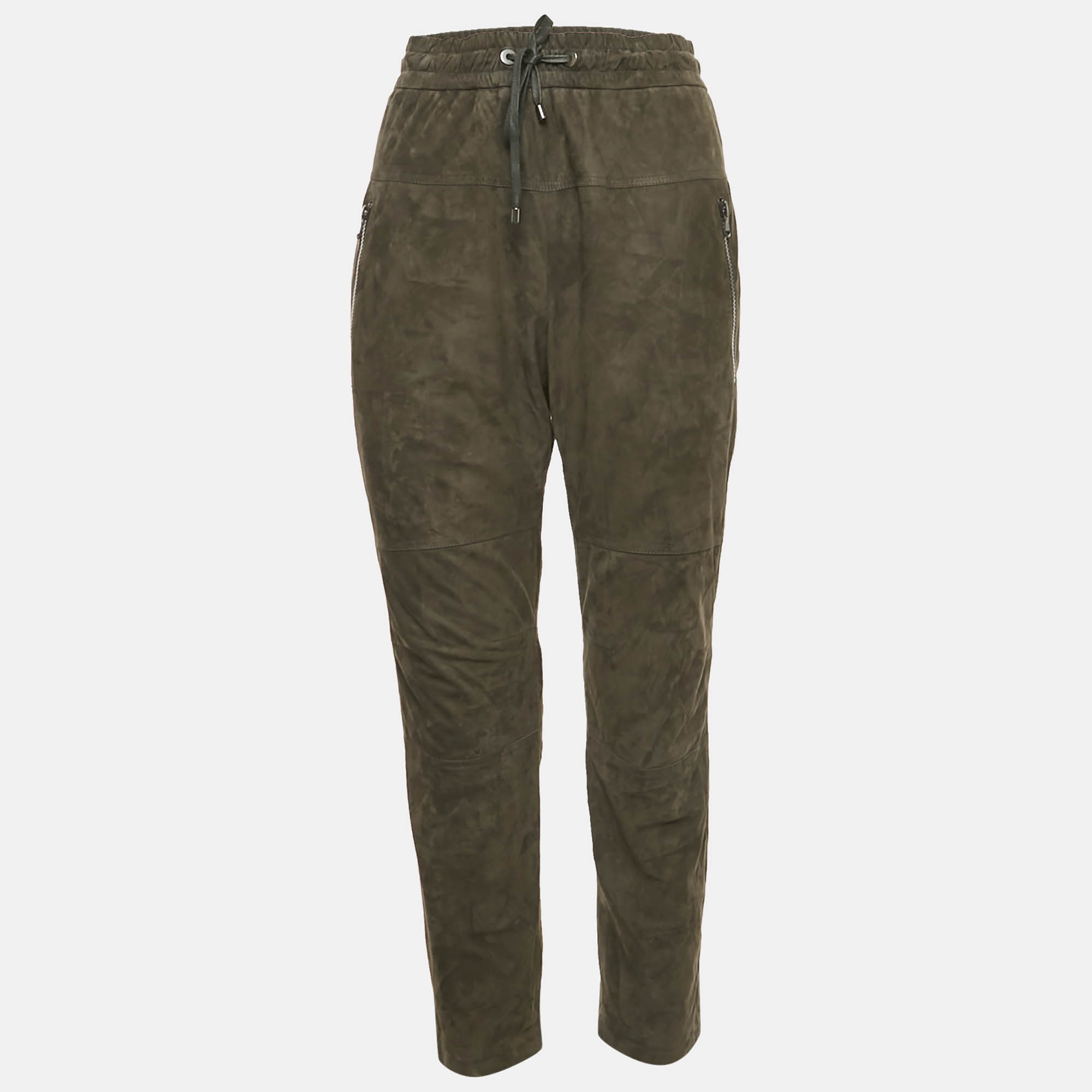 

Brunello Cucinelli Olive Green Suede Zipper Detail Trouser M