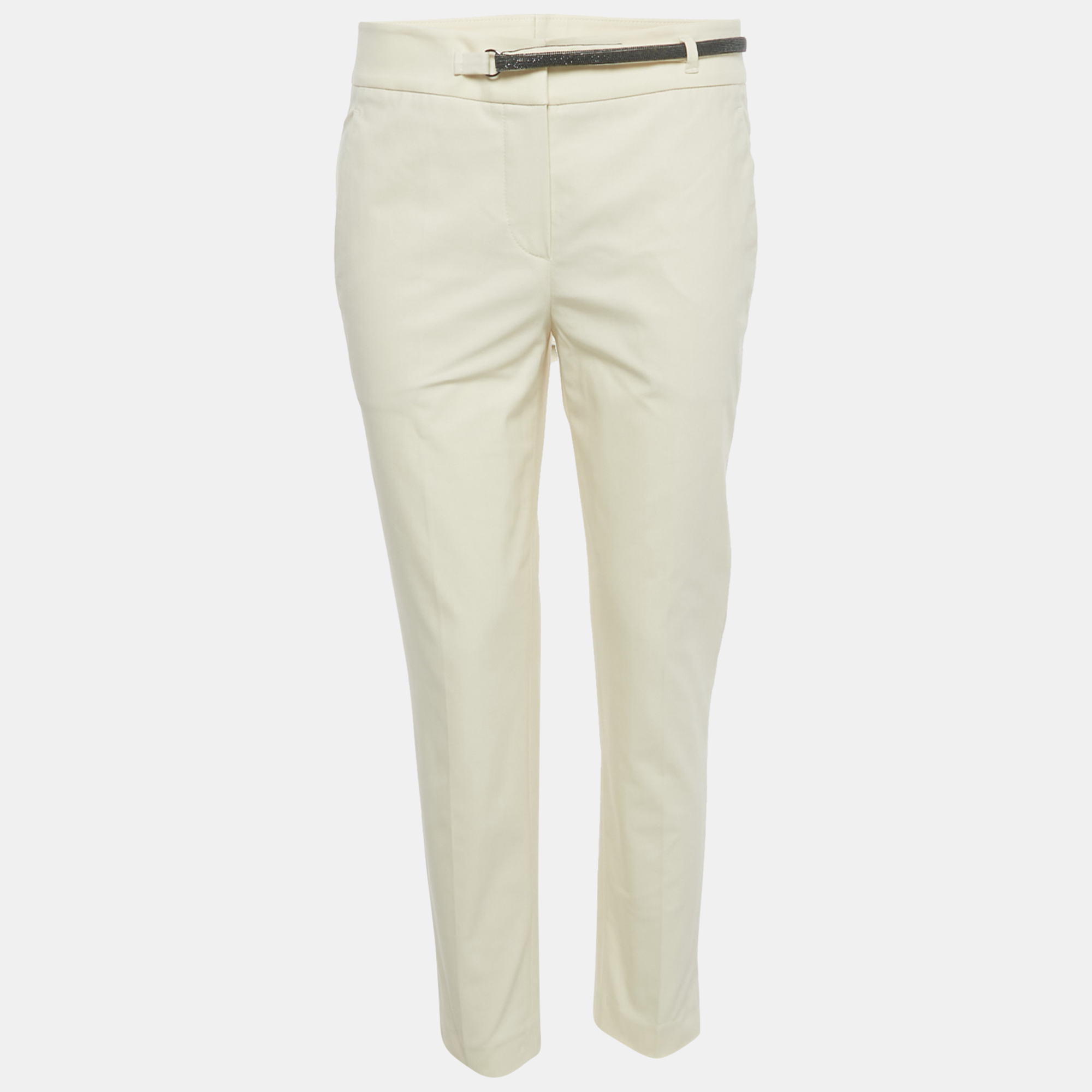 

Brunello Cucinelli Cream Cotton Monili Belt Detail Trousers M Waist 32"