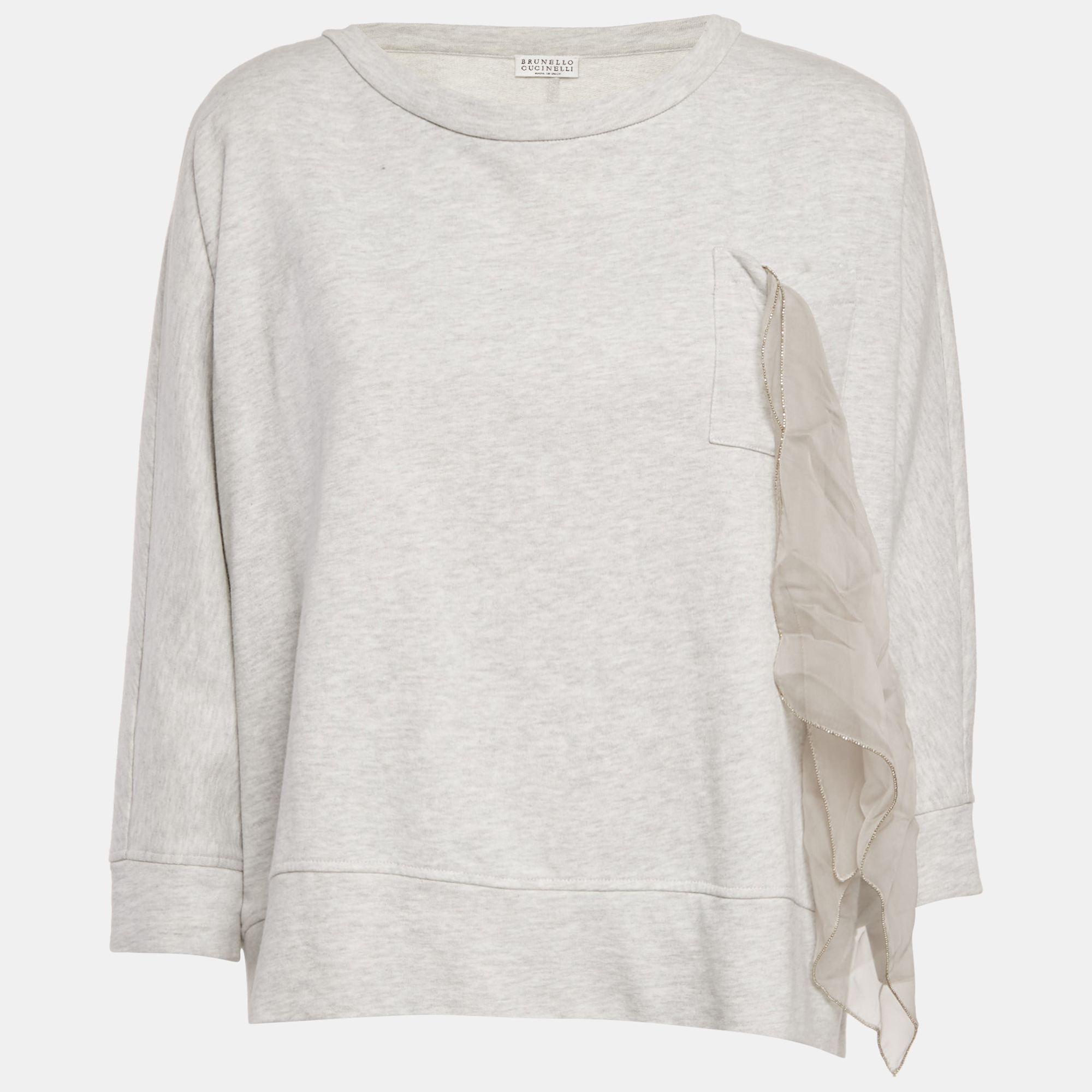 

Brunello Cucinelli Grey Cotton Jersey Ruffled Monili Pocket Detail Sweatshirt XS