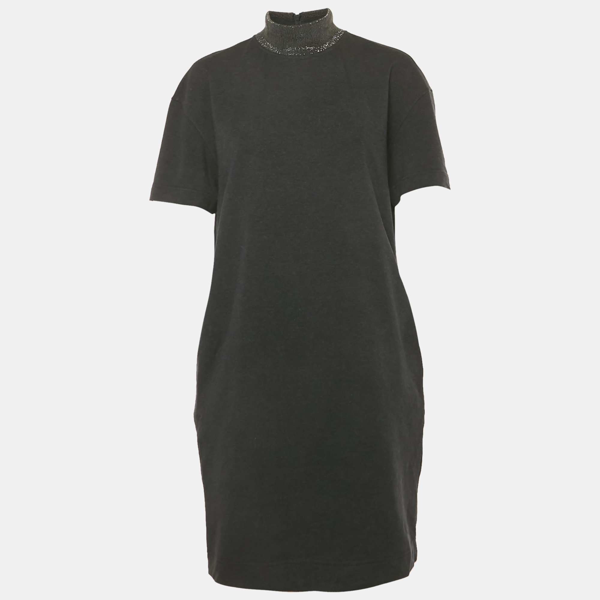 Pre-owned Brunello Cucinelli Charcoal Grey Cotton Knit Monili Trim Detail Shift Dress L In Gray