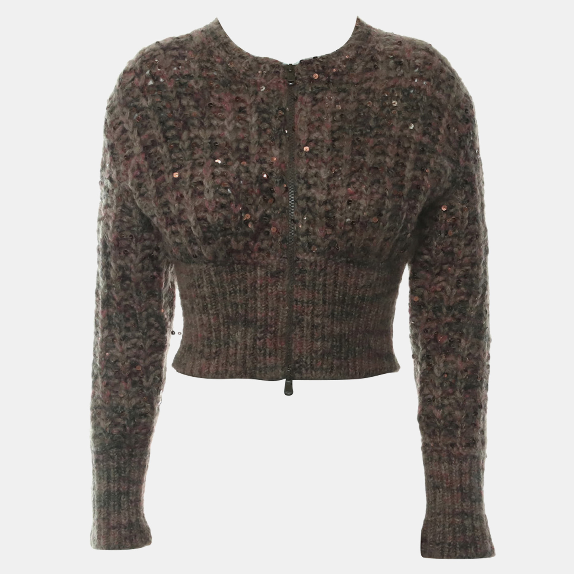 

Brunello Cucinelli Cashmere Blend Zip-up Cropped Cardigan with Sequins All-over, Brown