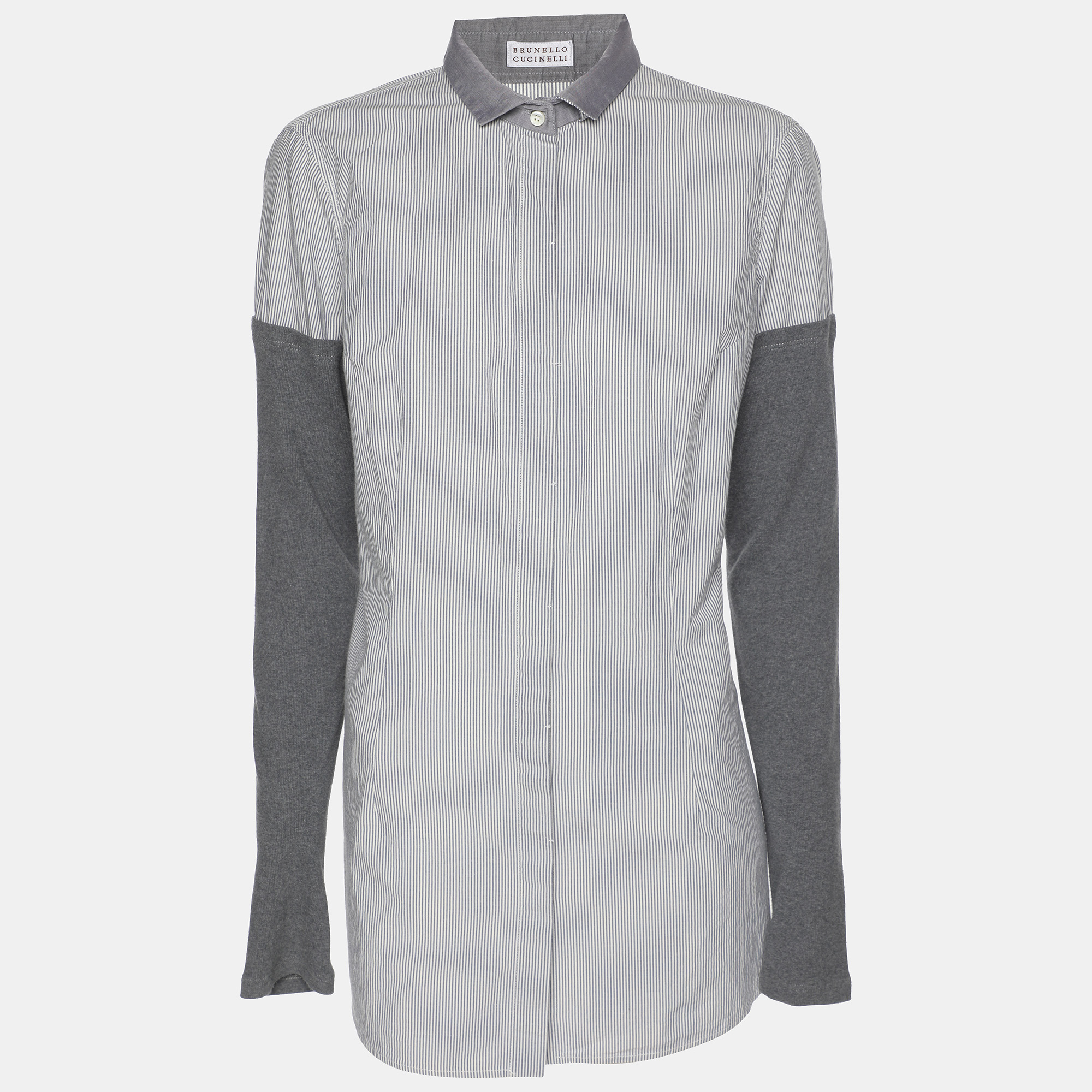 Pre-owned Brunello Cucinelli Grey/off White Pin Stripe Cotton And Cashmere Long Sleeve Shirt M In Gray
