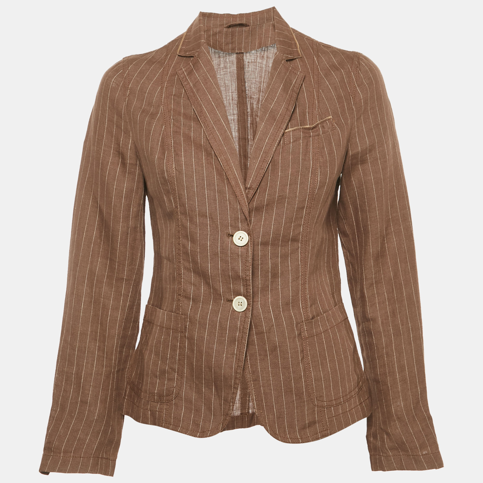 Pre-owned Brunello Cucinelli Brown Stripe Linen Single Breasted Blazer M