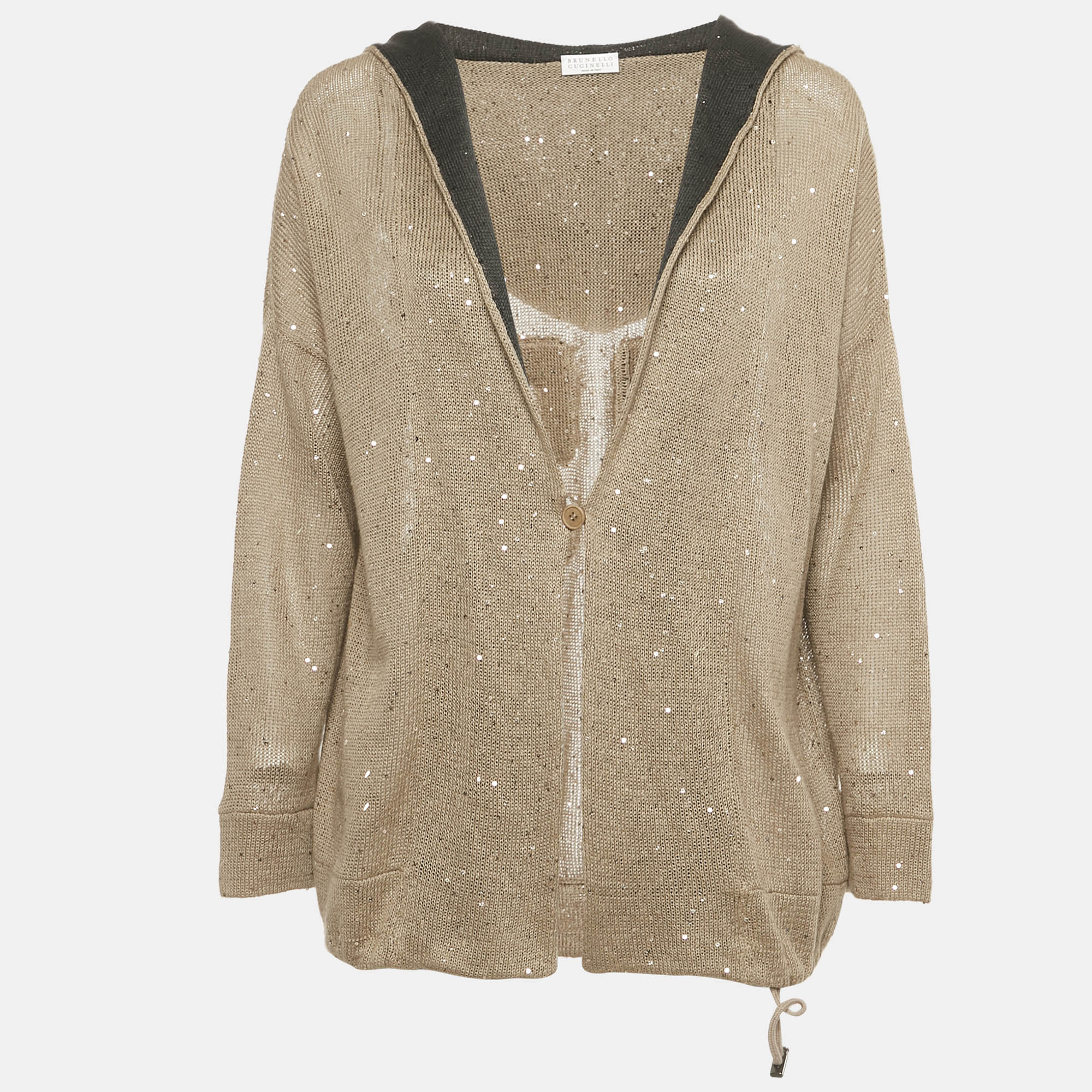 Pre-owned Brunello Cucinelli Tan Sequin Embellished Cotton Knit Hoodie Xs In Brown