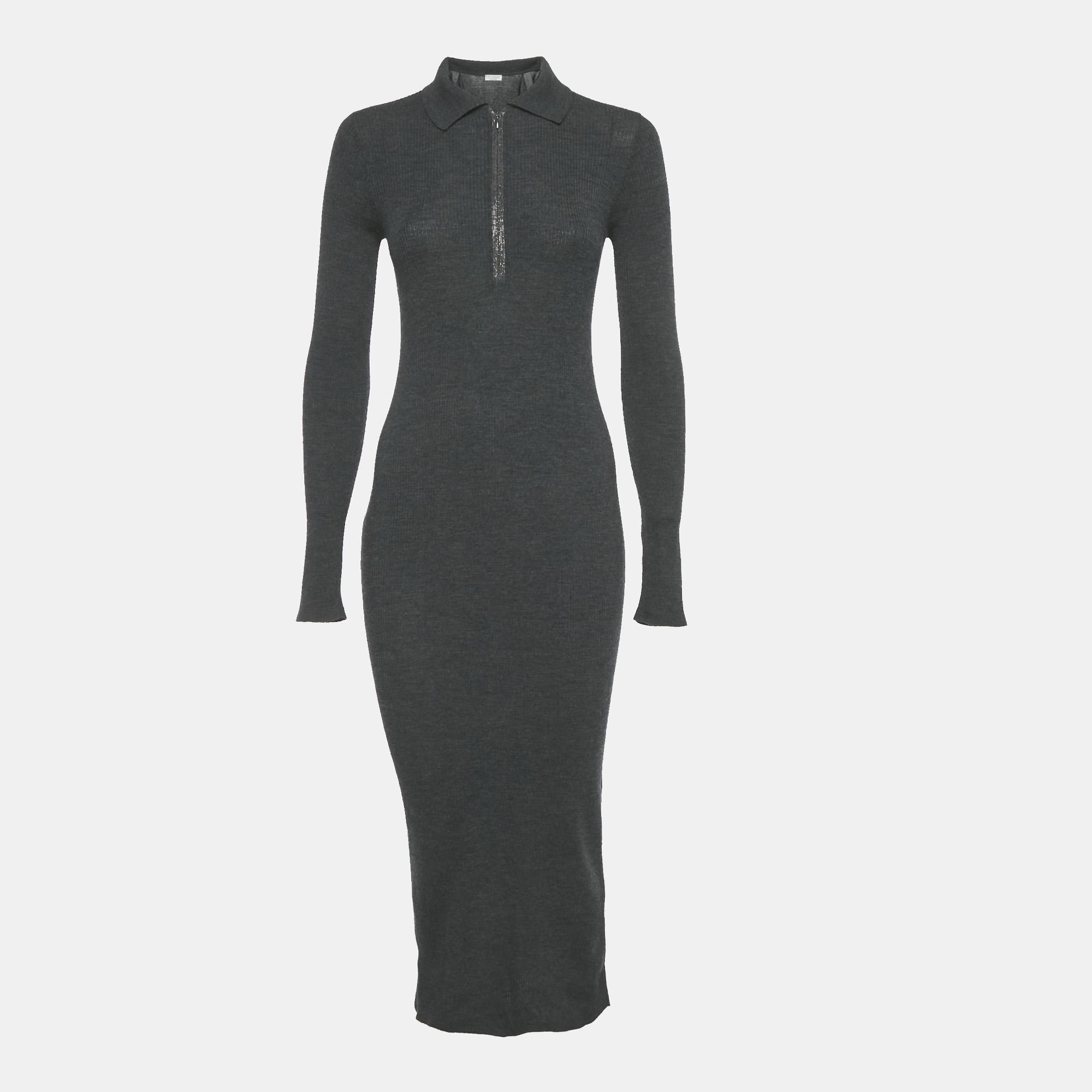 Pre-owned Brunello Cucinelli Dark Grey Wool Embellished Trim Sweater Midi Dress S In Gray