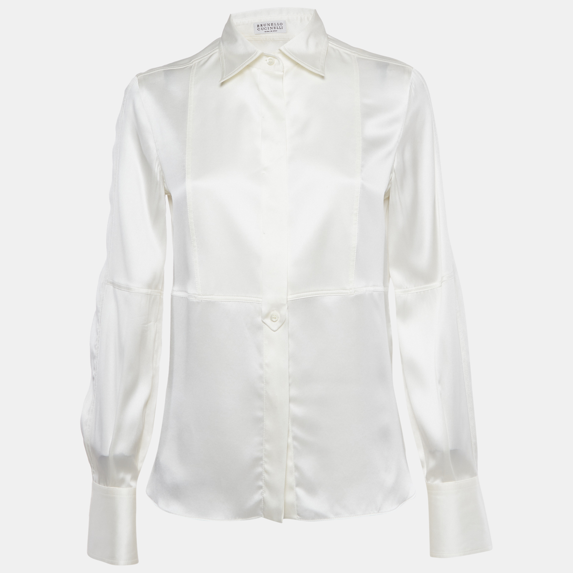 Pre-owned Brunello Cucinelli White Silk Satin Button Front Blouse S