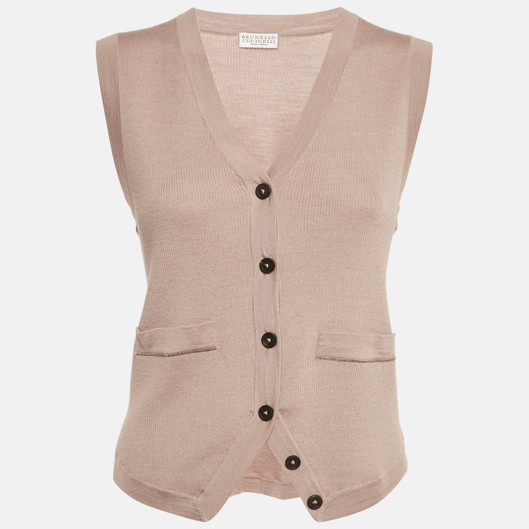 Pre-owned Brunello Cucinelli Beige Rib Knit Sleeveless Monili Bead Detail Cardigan S In Sand