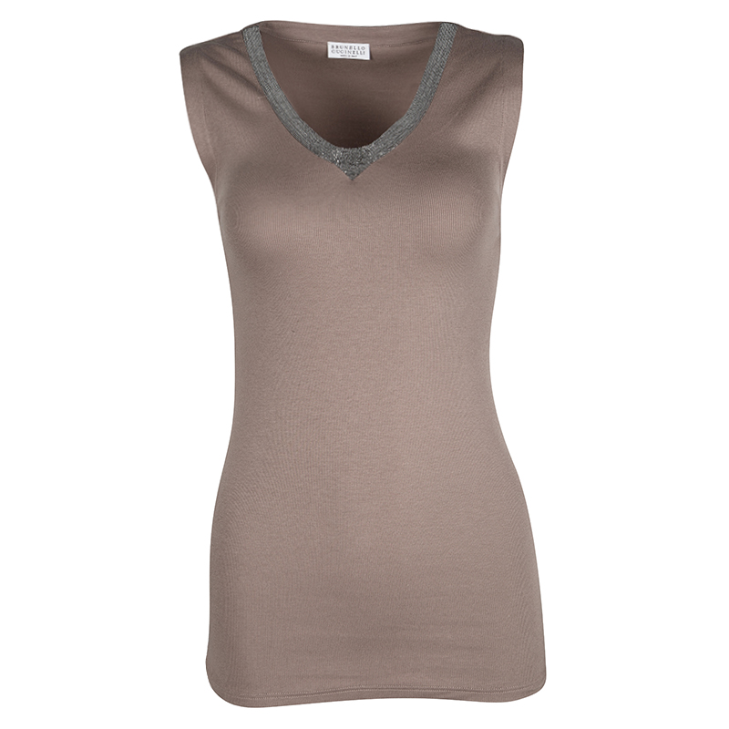 Pre Owned Brunello Cucinelli Brown Rib Jersey Embellished Neck Detail Sleeveless Top S