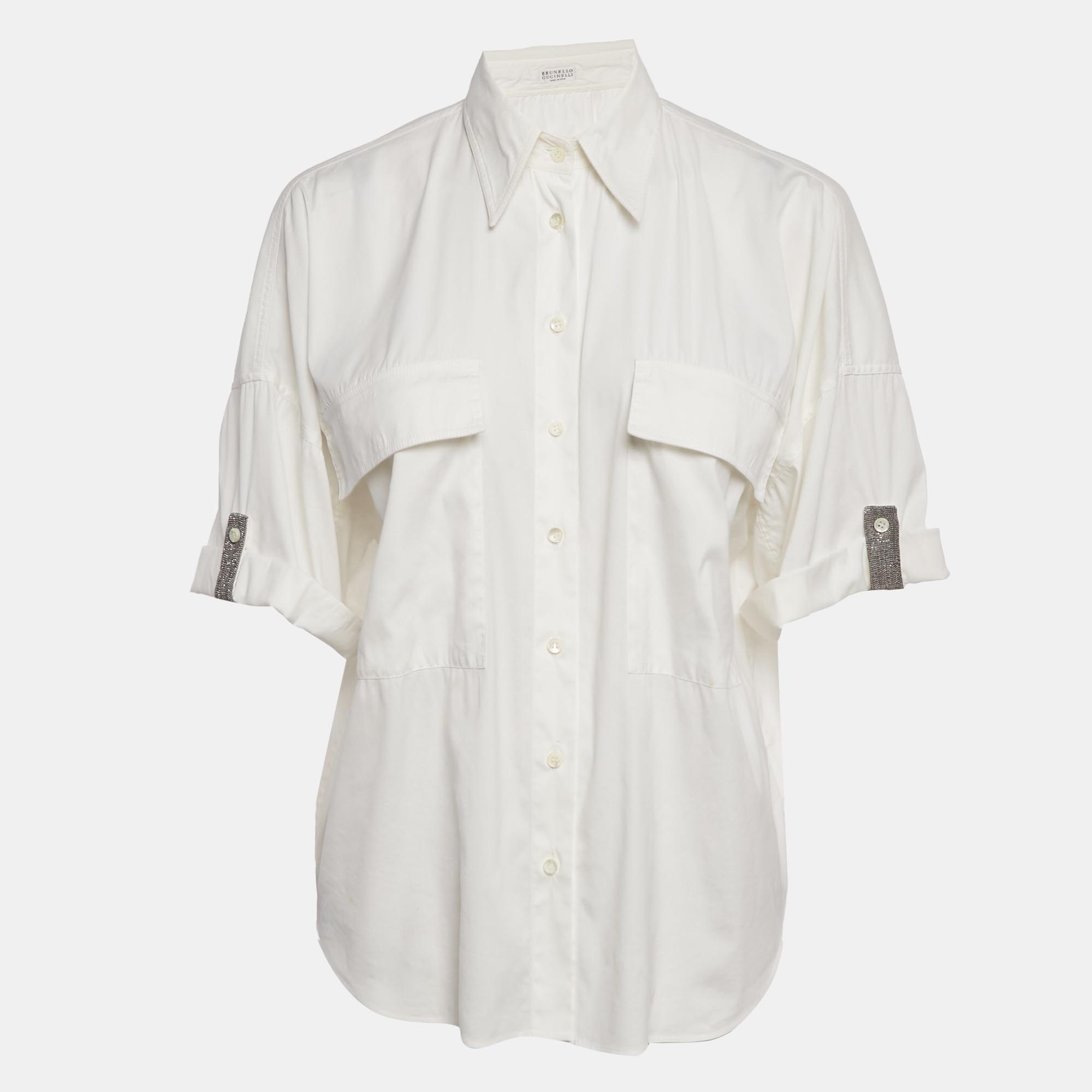

Brunello Cucinelli White Cotton Blend Embellished Trim Short Sleeve Shirt S
