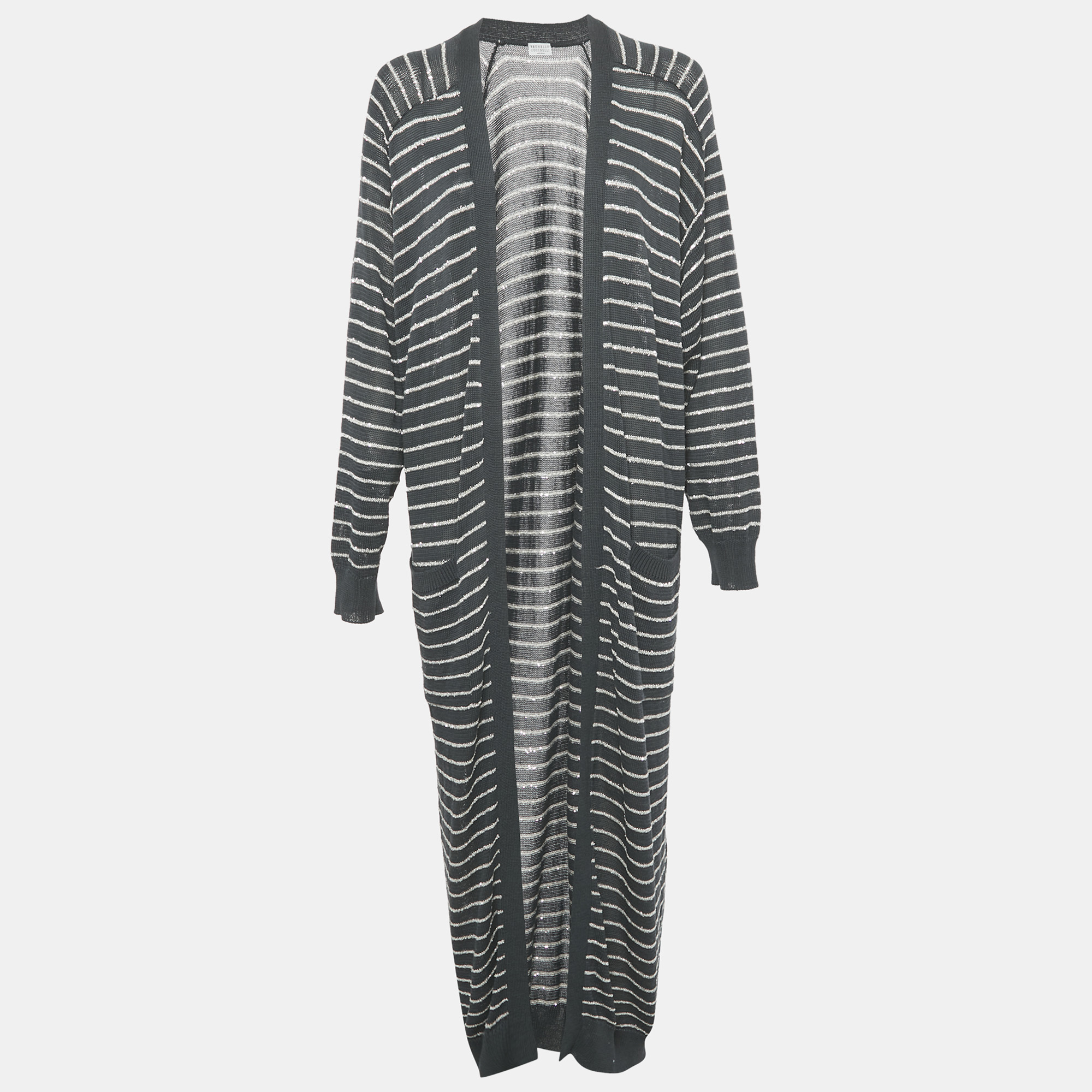 Pre-owned Brunello Cucinelli Grey Striped Cotton Sequin Long Cardigan L In Gray