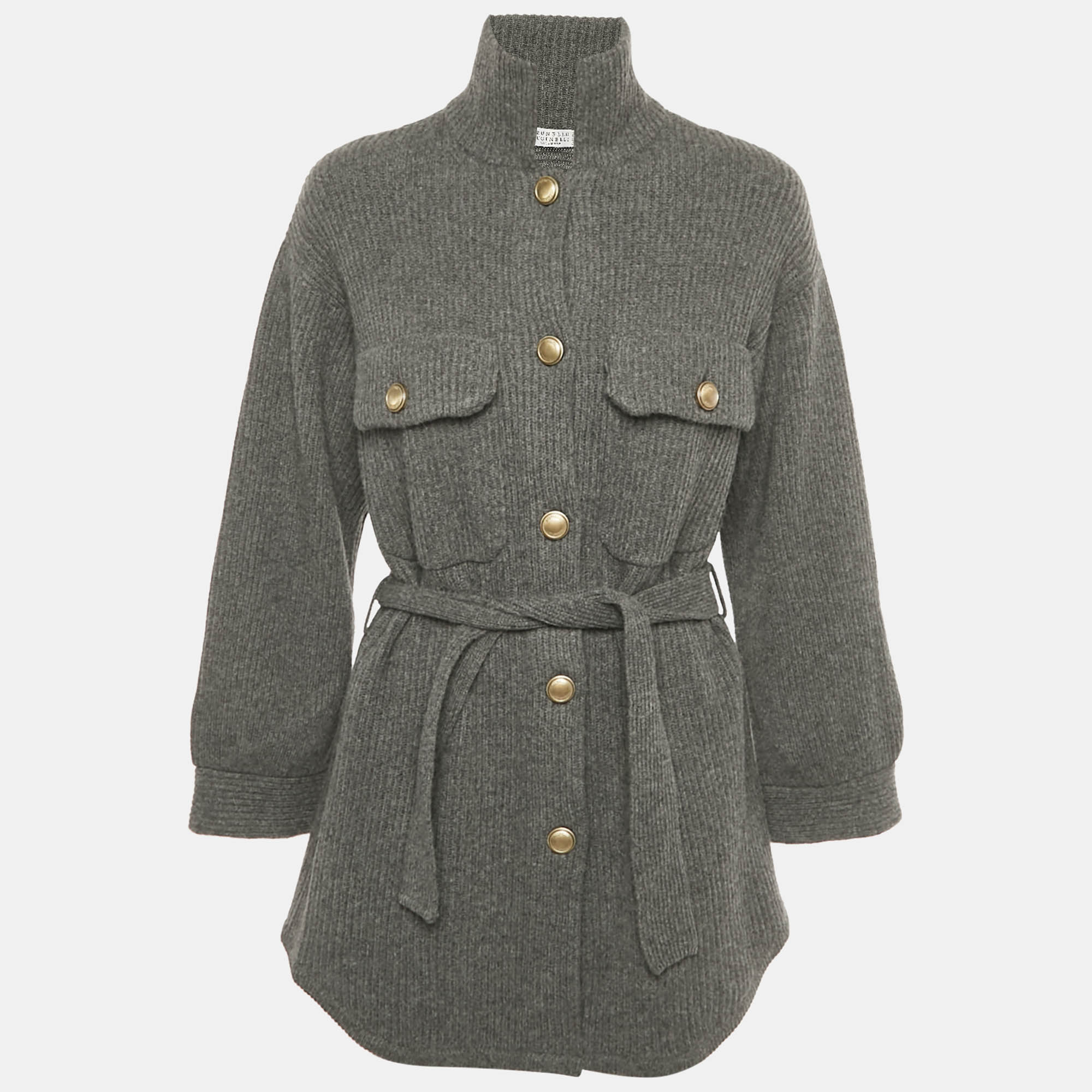 Pre-owned Brunello Cucinelli Grey Rib Knit Belted Jacket S In Gray