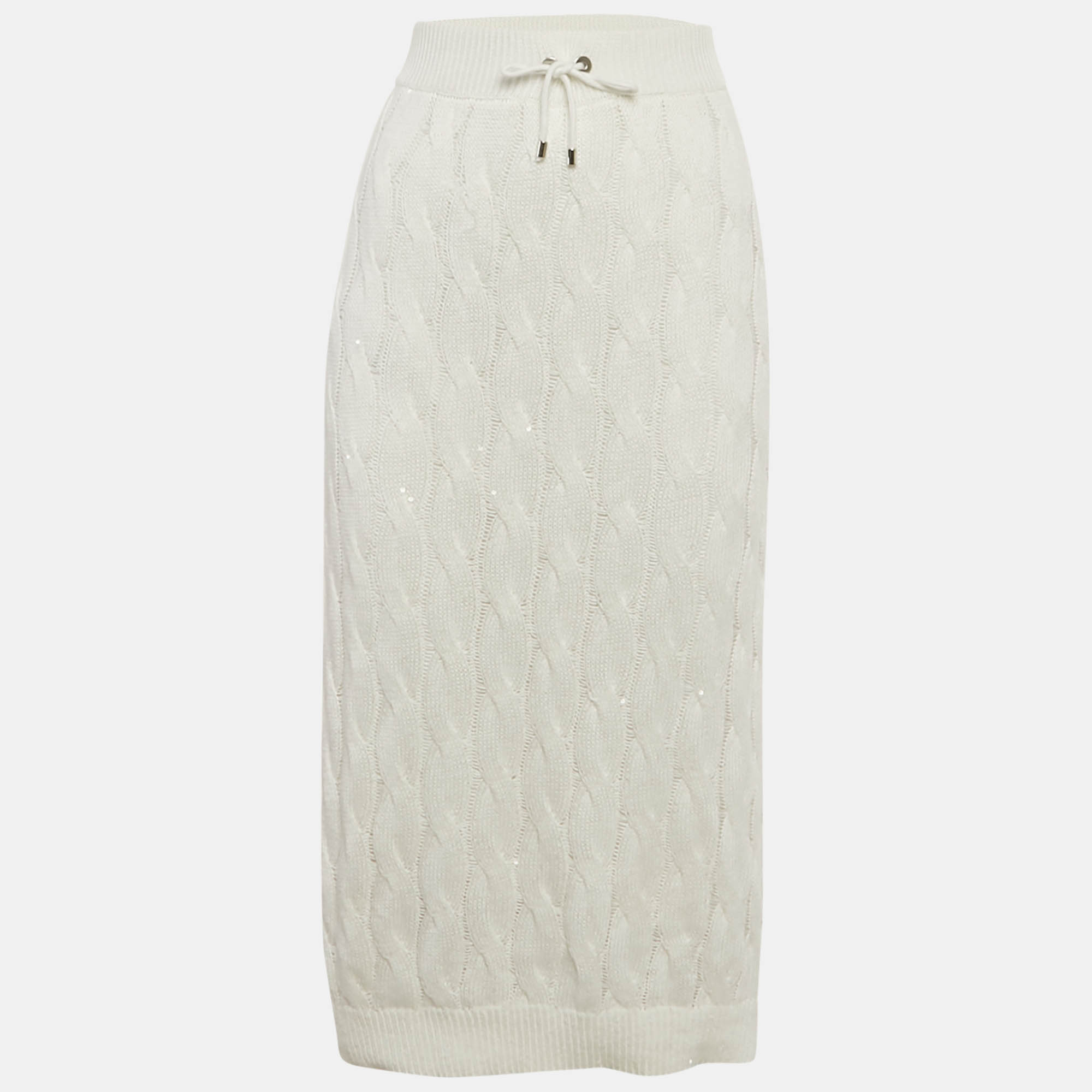 Pre-owned Brunello Cucinelli White Cable Knit Waist Tie Detail Midi Skirt Xl