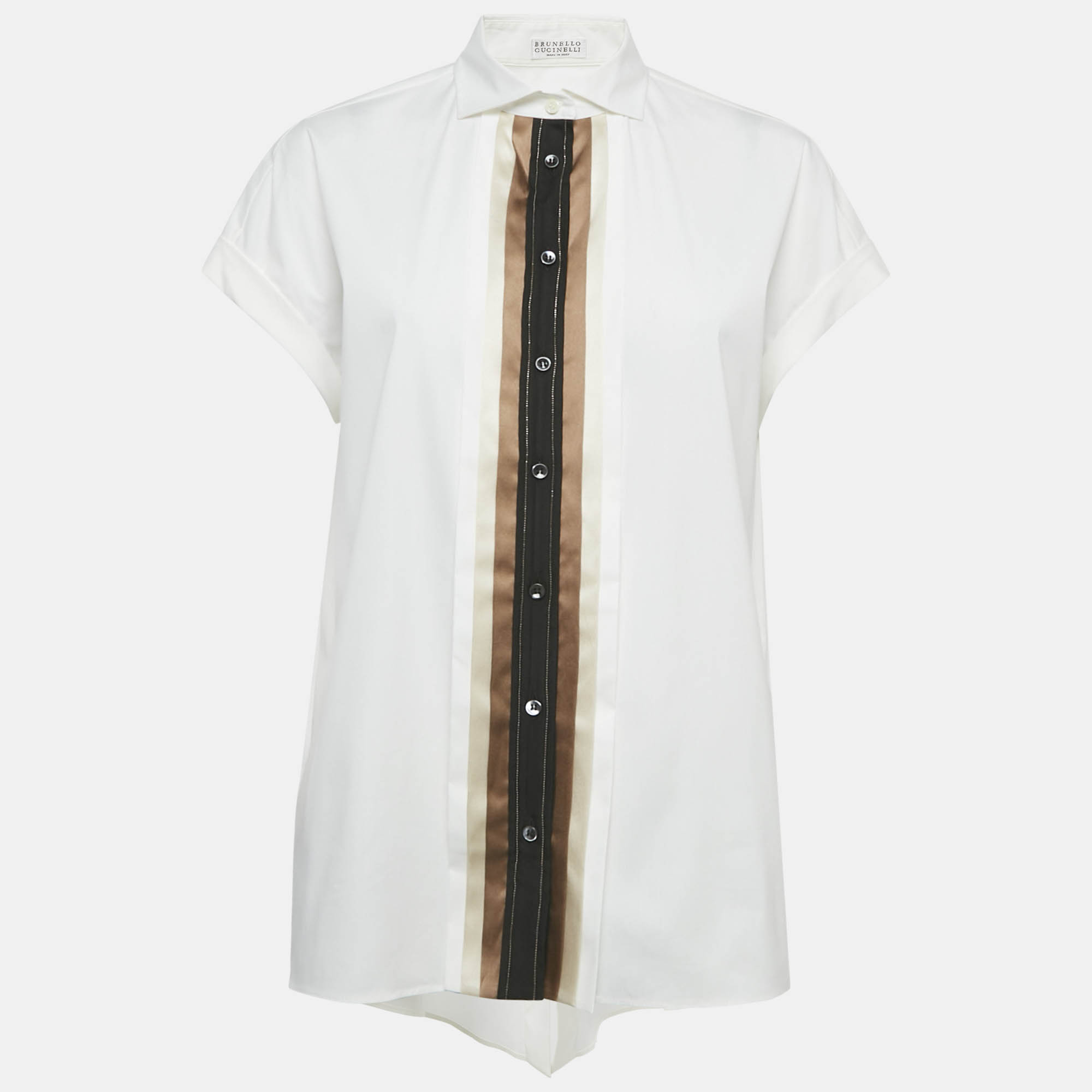 

Brunello Cucinelli White Embellished Trim Cotton Blend Shirt L