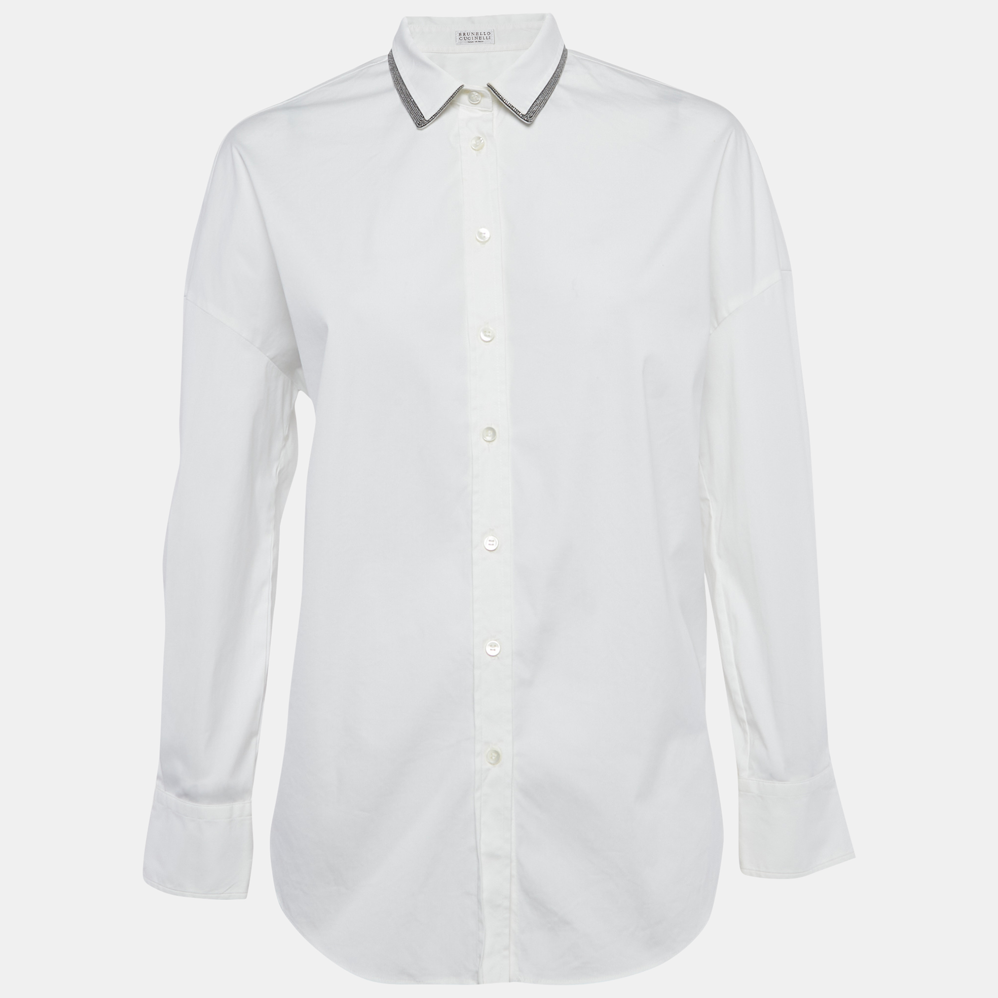 

Brunello Cucinelli White Collar Embellished Trim Cotton Blend Shirt M