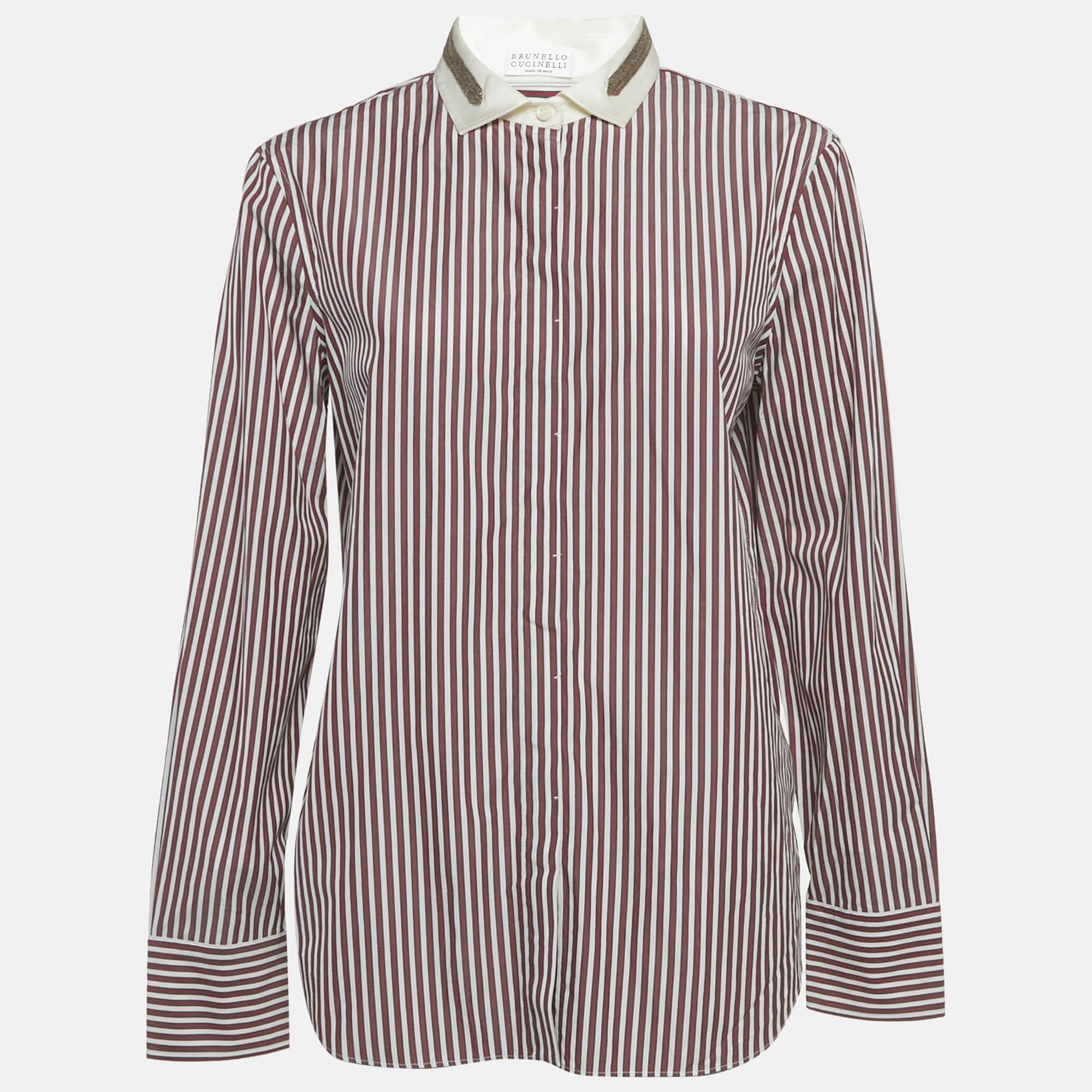 

Brunello Cucinelli Burgundy Striped Embellished Trim Cotton Shirt L