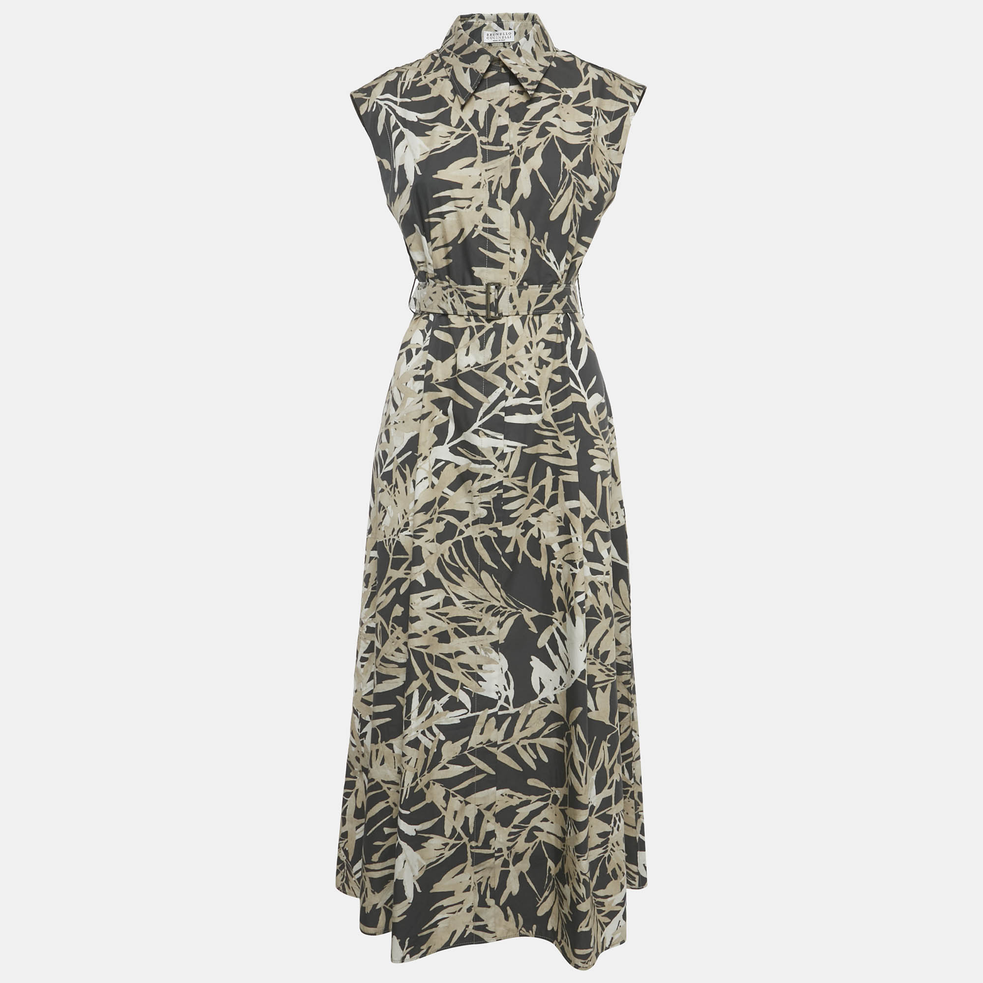 

Brunello Cucinelli Grey Floral Print Cotton Belted Midi Dress S