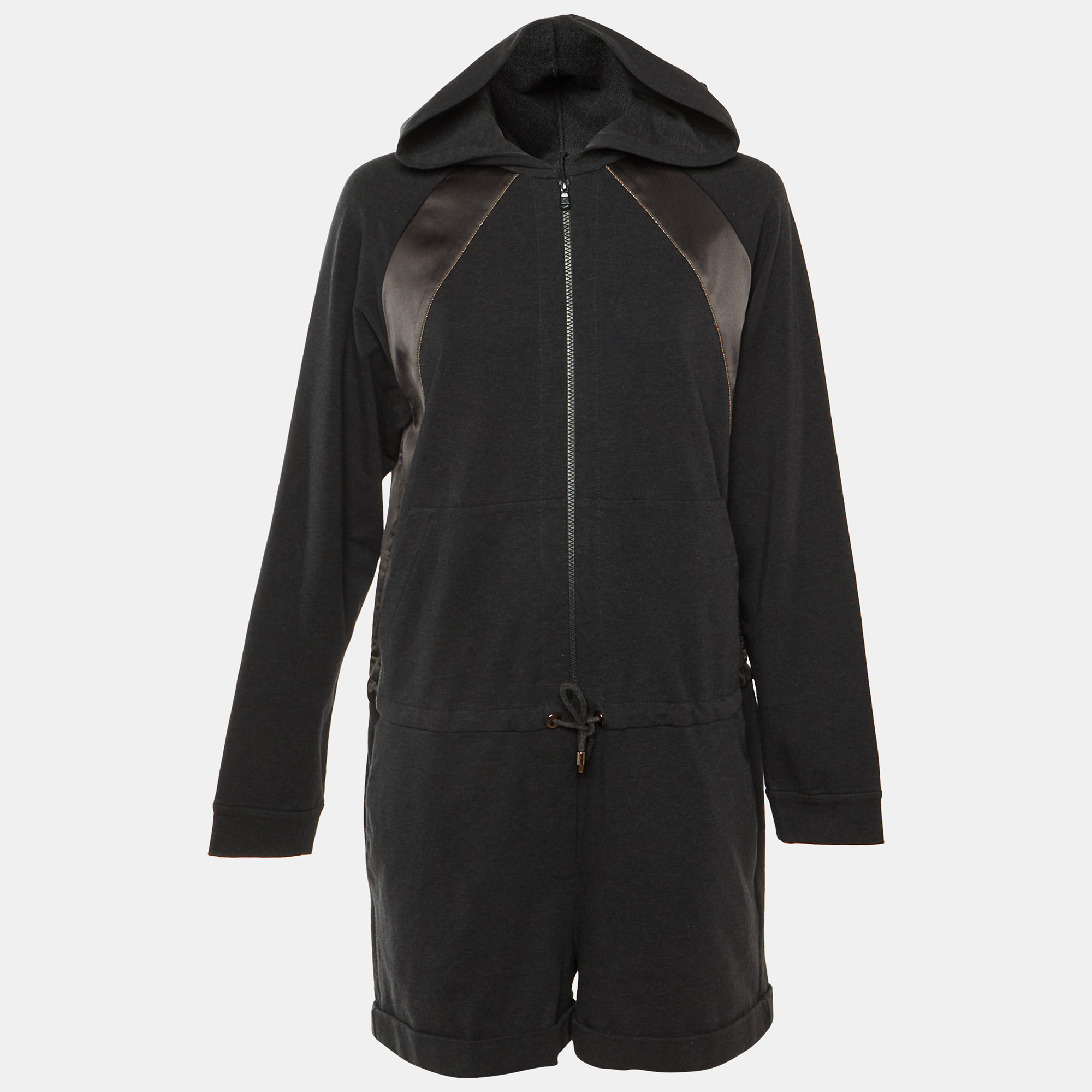Brunello Cucinelli Dark Grey Cotton Knit Hooded Playsuit L