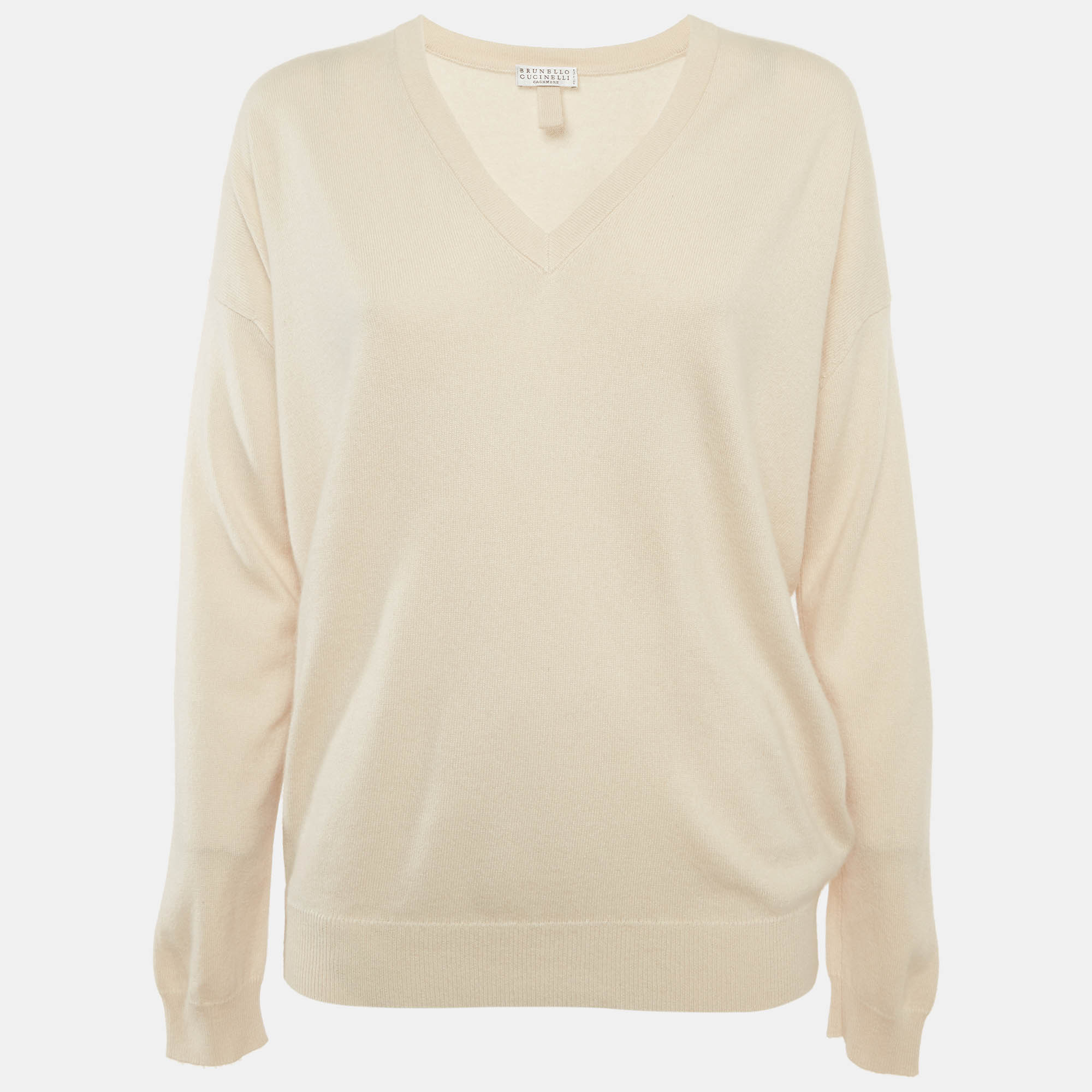 Pre-owned Brunello Cucinelli Beige Cashmere V-neck Sweater M In Sand