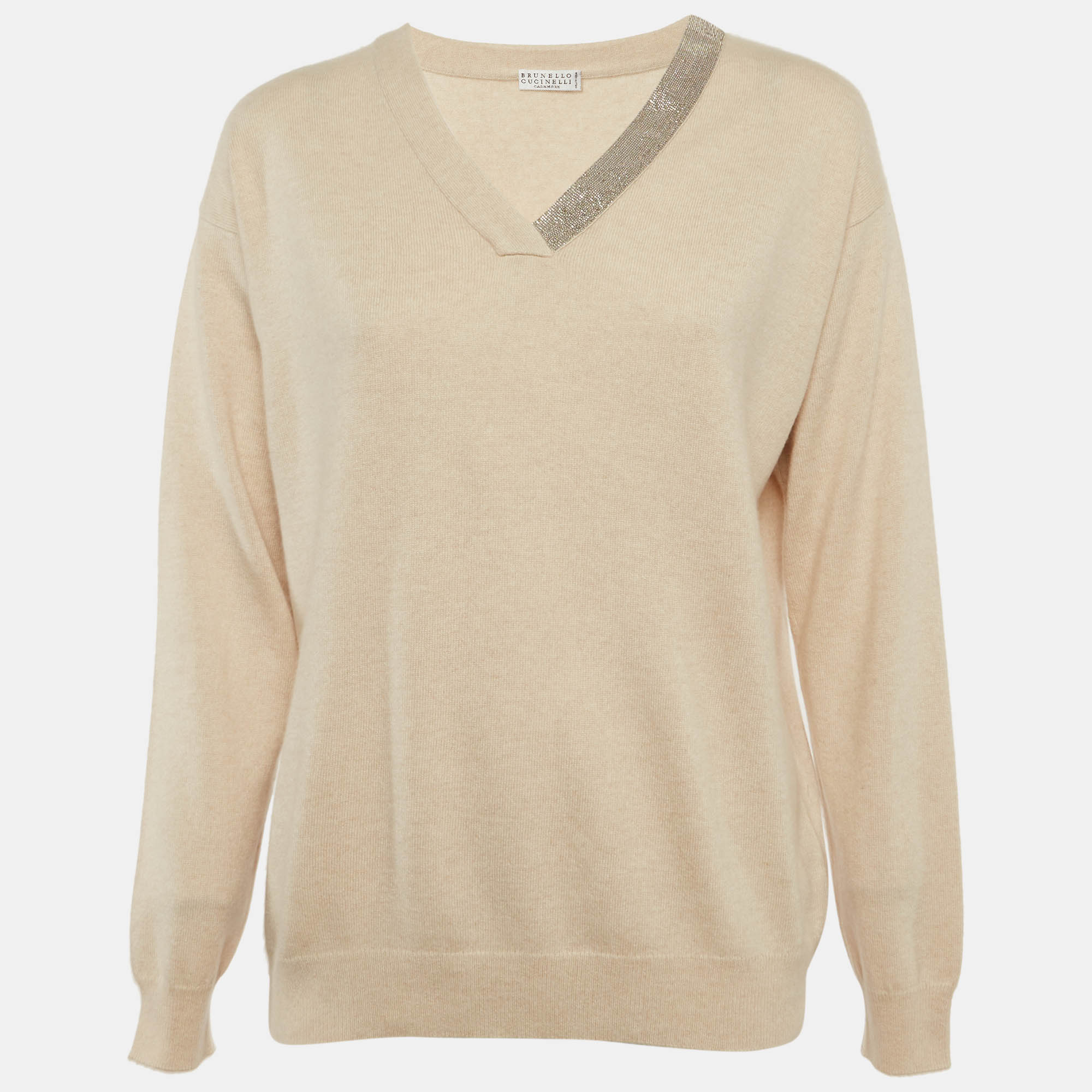 Pre-owned Brunello Cucinelli Beige Cashmere Monili V-neck Sweater M In Sand