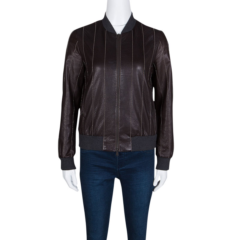 

Brunello Cucinelli Brown Leather Embellished Zip Front Bomber Jacket