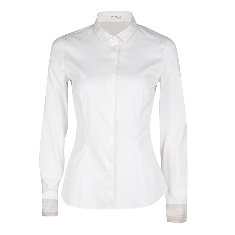 Pre Owned Brunello Cucinelli White Contrast Mesh Cuff Detail Long Sleeve Shirt S