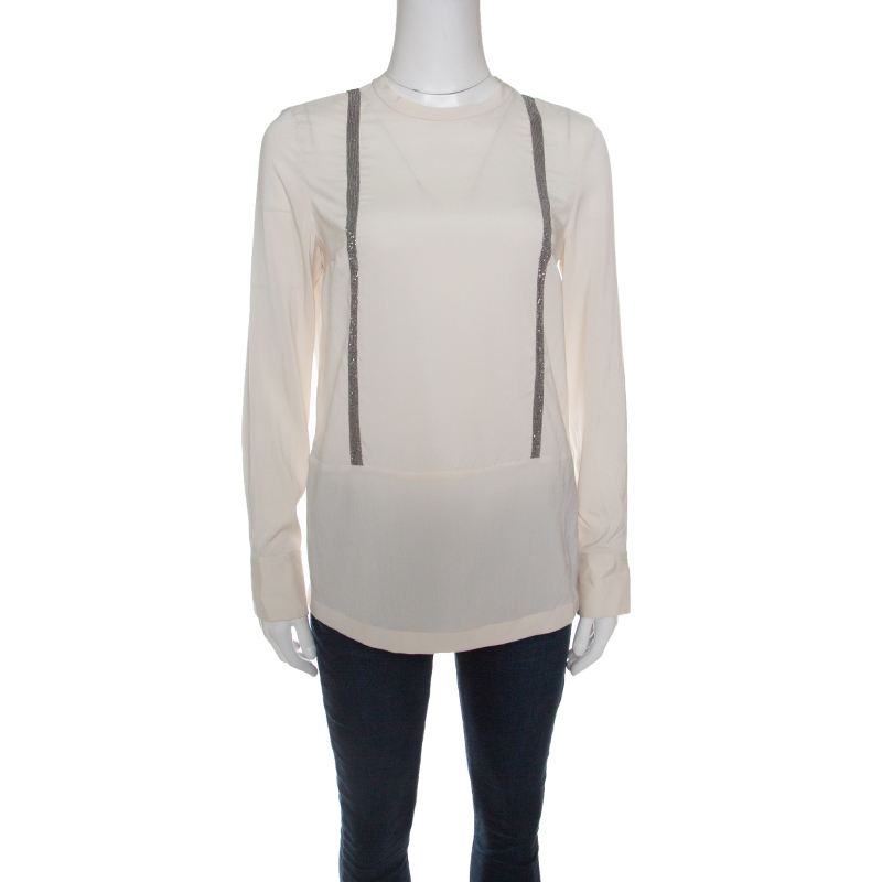 Pre Owned Brunello Cucinelli Cream Embellished Silk Blouse S