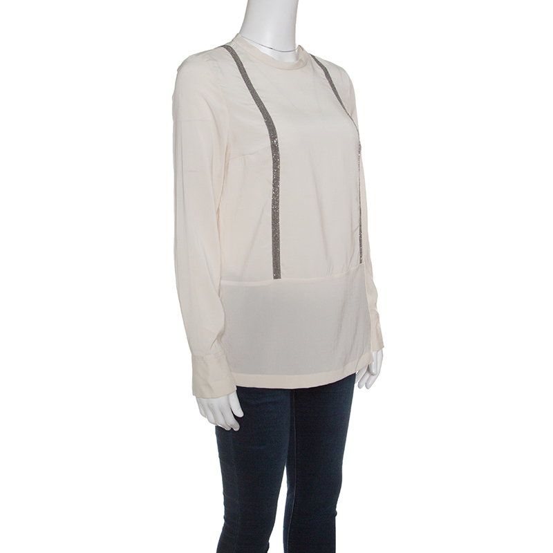 

Brunello Cucinelli Cream Embellished Silk Blouse