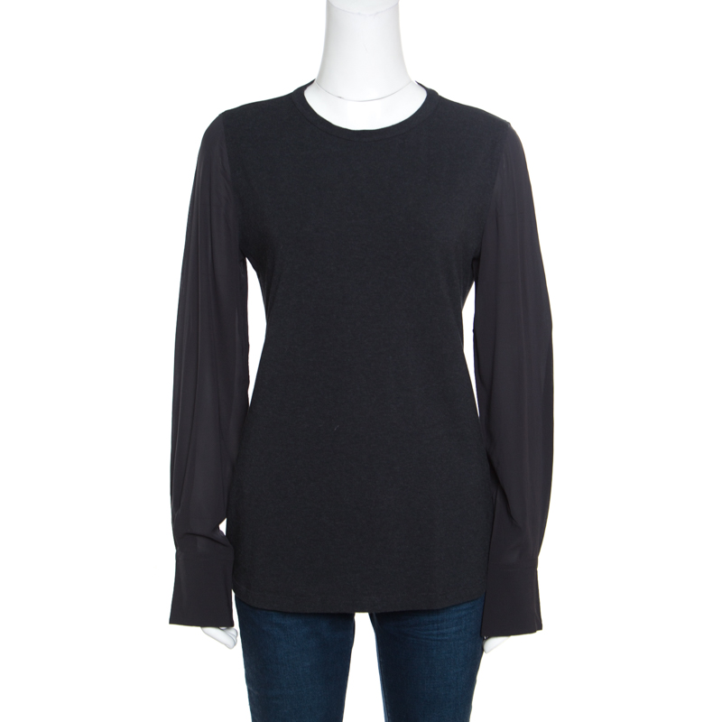 Pre Owned Brunello Cucinelli Grey Cotton and Silk Sleeve Trim T-Shirt XL