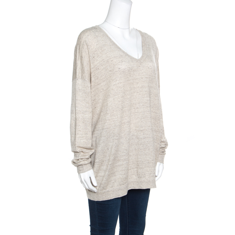 

Brunello Cucinelli Beige Metallic Knit Linen Long Sleeve Sweater