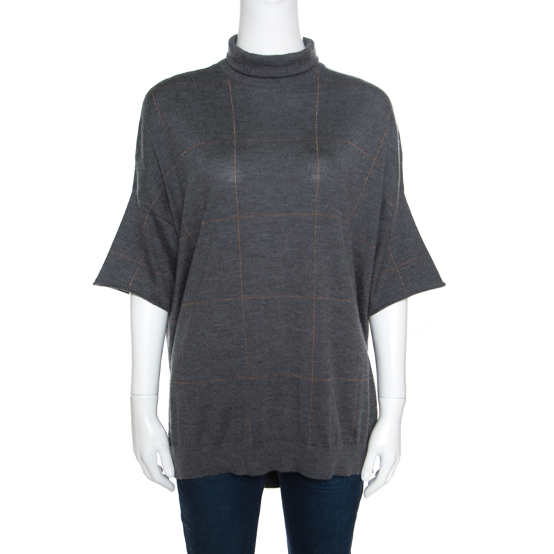 Brunello Cucinelli Grey Cashmere Lurex Knit Drop Shoulder Turtleneck Sweater S