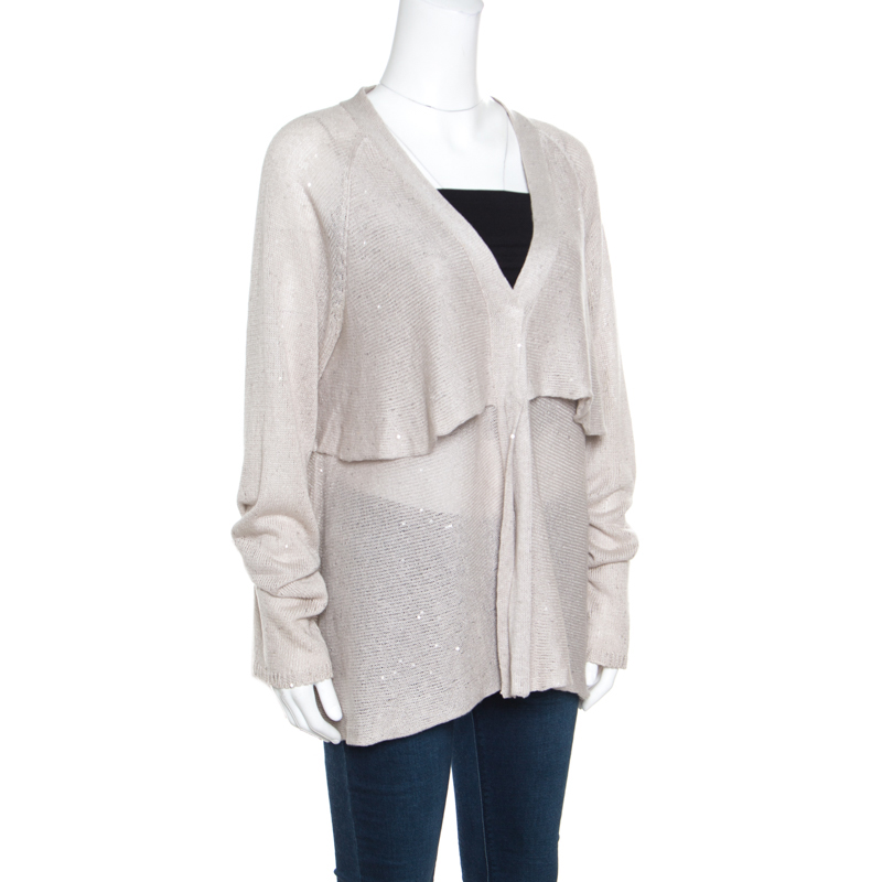 

Brunello Cucinelli Beige Sequined Knit Layered Long Sleeve Cardigan