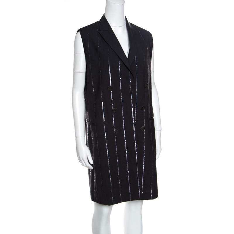 

Brunello Cucinelli Grey Wool Sequin Striped Sleeveless Blazer Dress