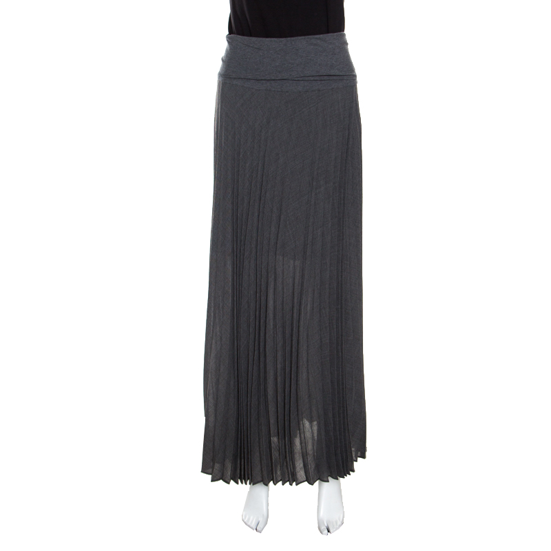 Brunello Cucinelli Grey Knit Pleated Front Slit Detail Maxi Skirt S 