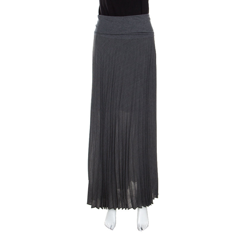 Pre Owned Brunello Cucinelli Grey Knit Pleated Front Slit Detail Maxi Skirt S 