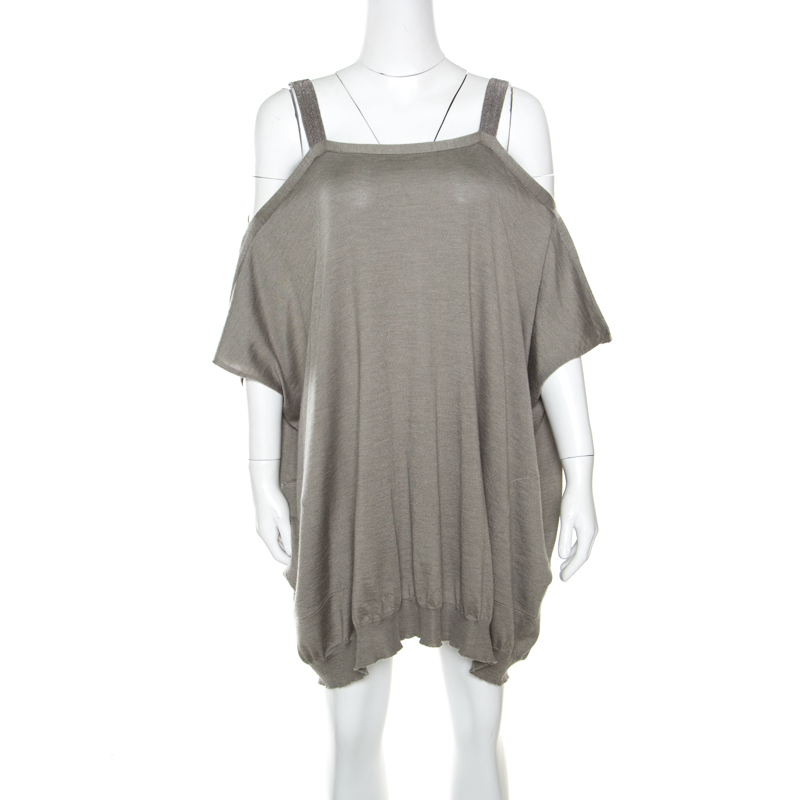 Pre Owned Brunello Cucinelli Grey Cashmere Monili Trim Strap Detail Cold Shoulder Dress S