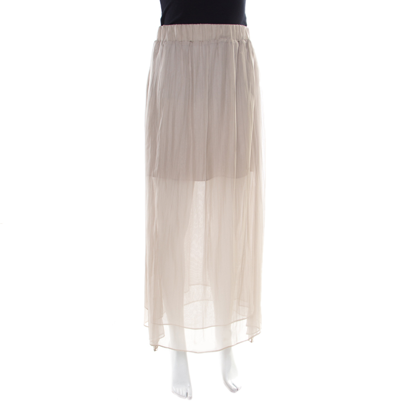 

Brunello Cucinelli Grey Gathered Silk Semi Sheer Maxi Skirt